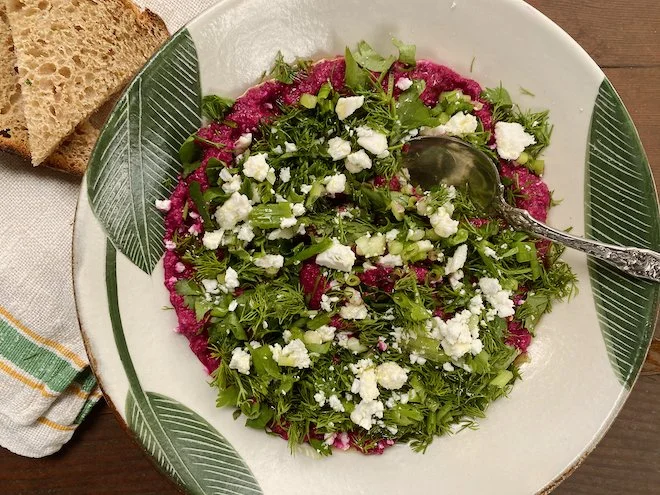 Beet & Walnut Dip with Dill, Cilantro and Feta