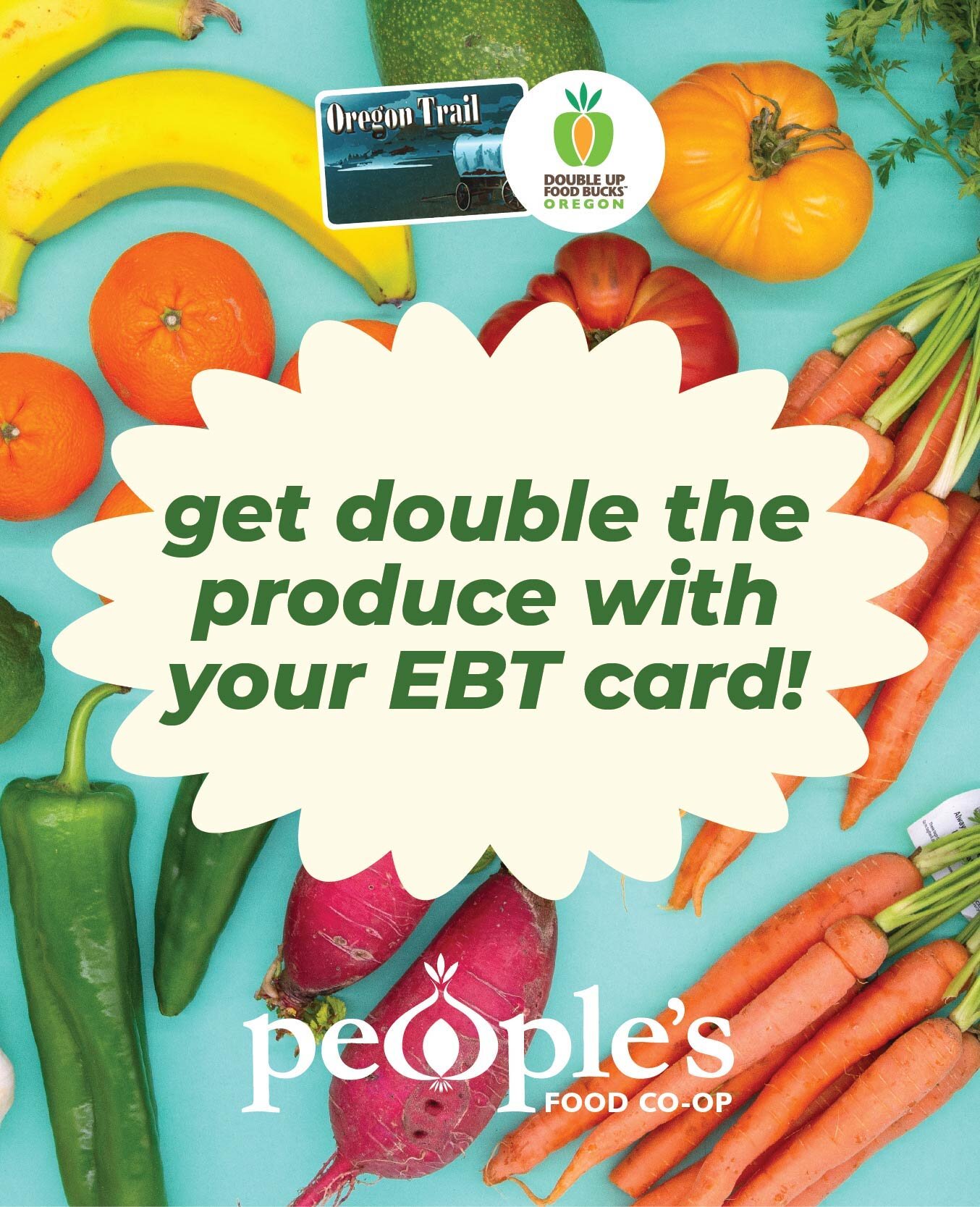 Here's your friendly reminder that we have Double Up Food Bucks at the Co-op🍒🍒🥦🥦 When you buy fresh produce with your EBT card, you'll earn up to $20 in matching funds that you can spend on more fresh produce next time you shop! All EBT users can