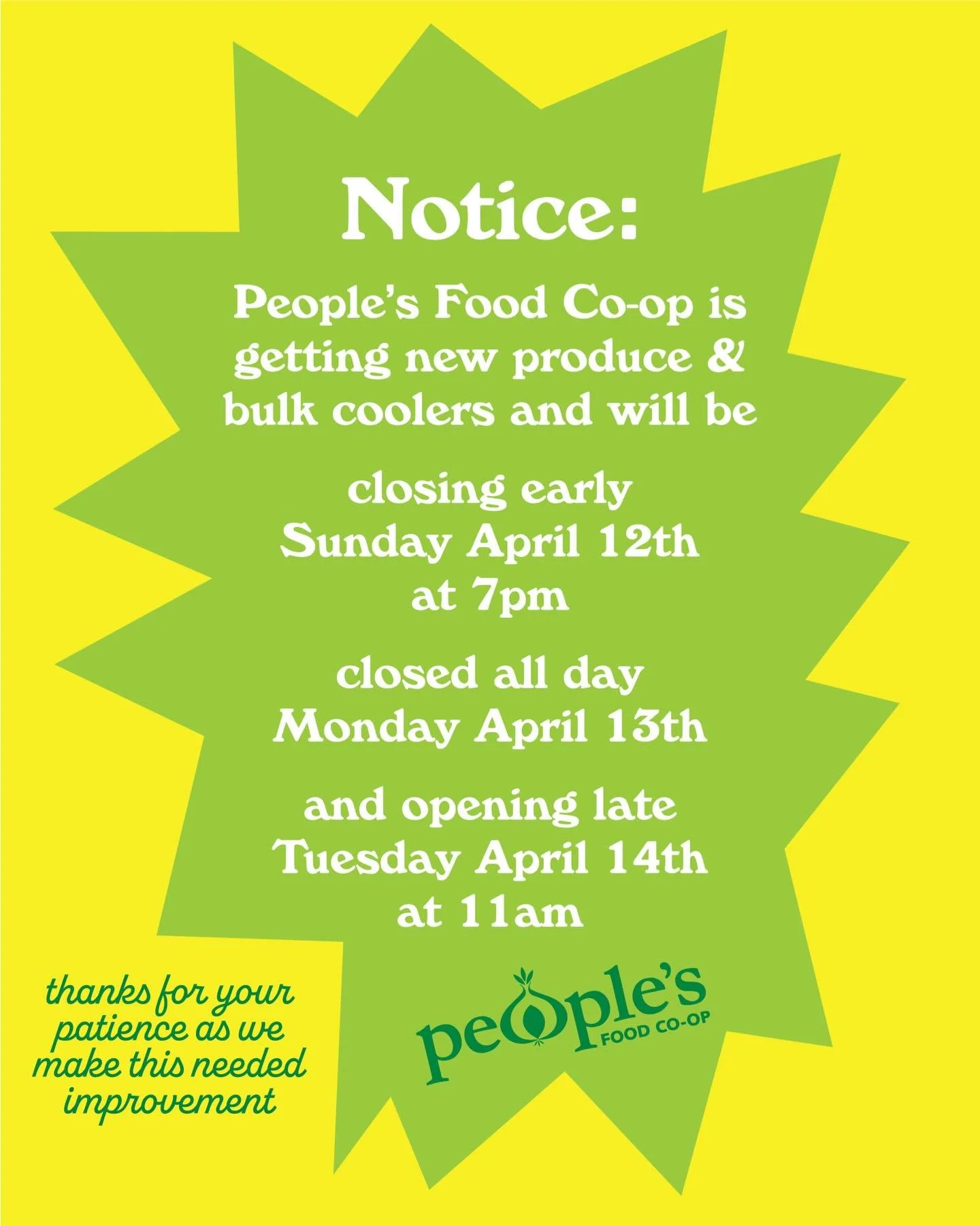 ‼️ We&rsquo;re getting a new produce and bulk cooler!! 

We are so excited for the much needed upgrade. In order to prep an install, we need to adjust our store hours:

Sunday 4/12 - closing early at 7p
Monday 4/13 - closed all day
Tuesday 4/14 - ope