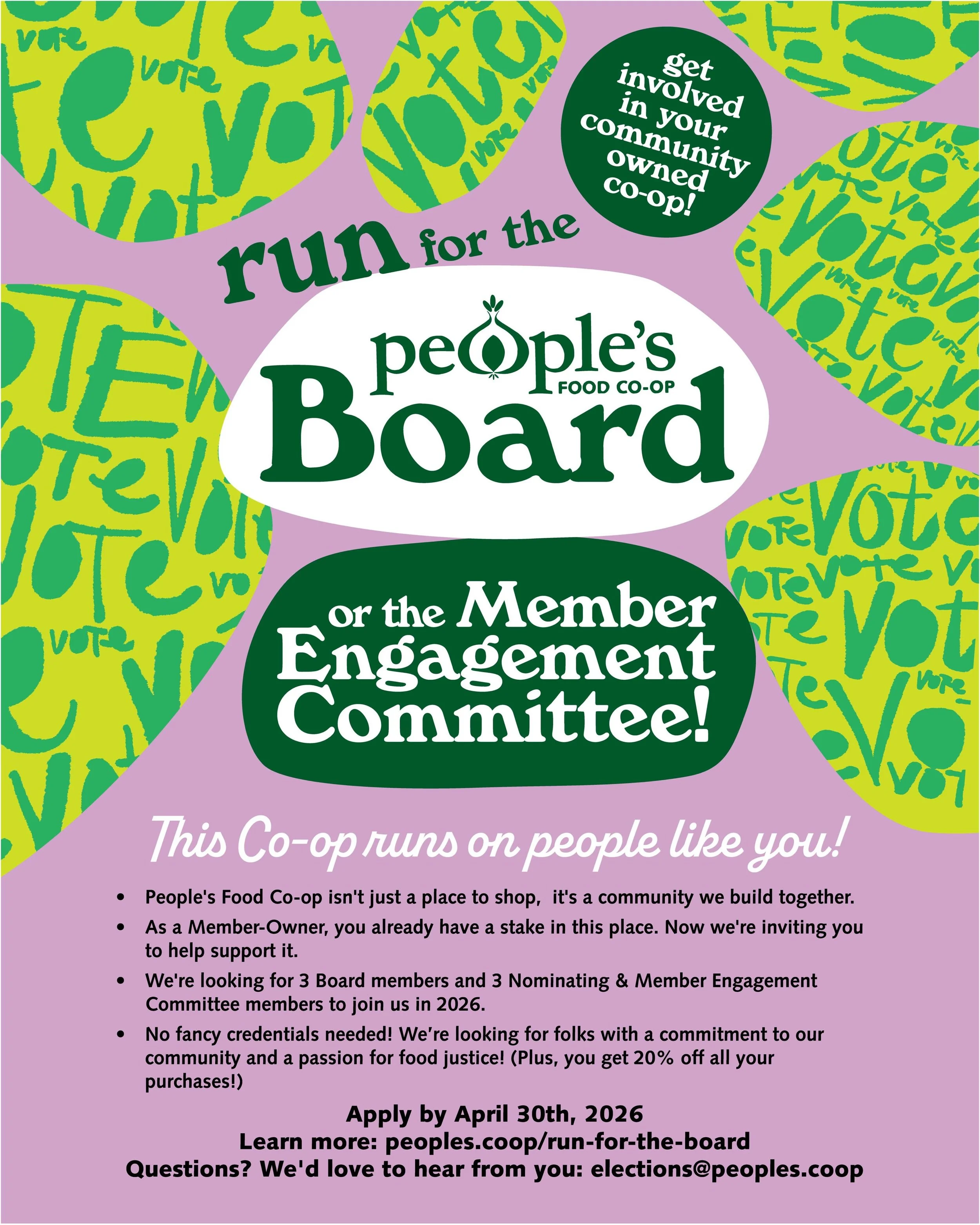 ** application deadline extended!**

Here&rsquo;s what makes a co-op special: you don&rsquo;t just shop here, you own it. As a Member-Owner, you have real power to influence how People&rsquo;s grows, what we stand for, and how we show up for our comm