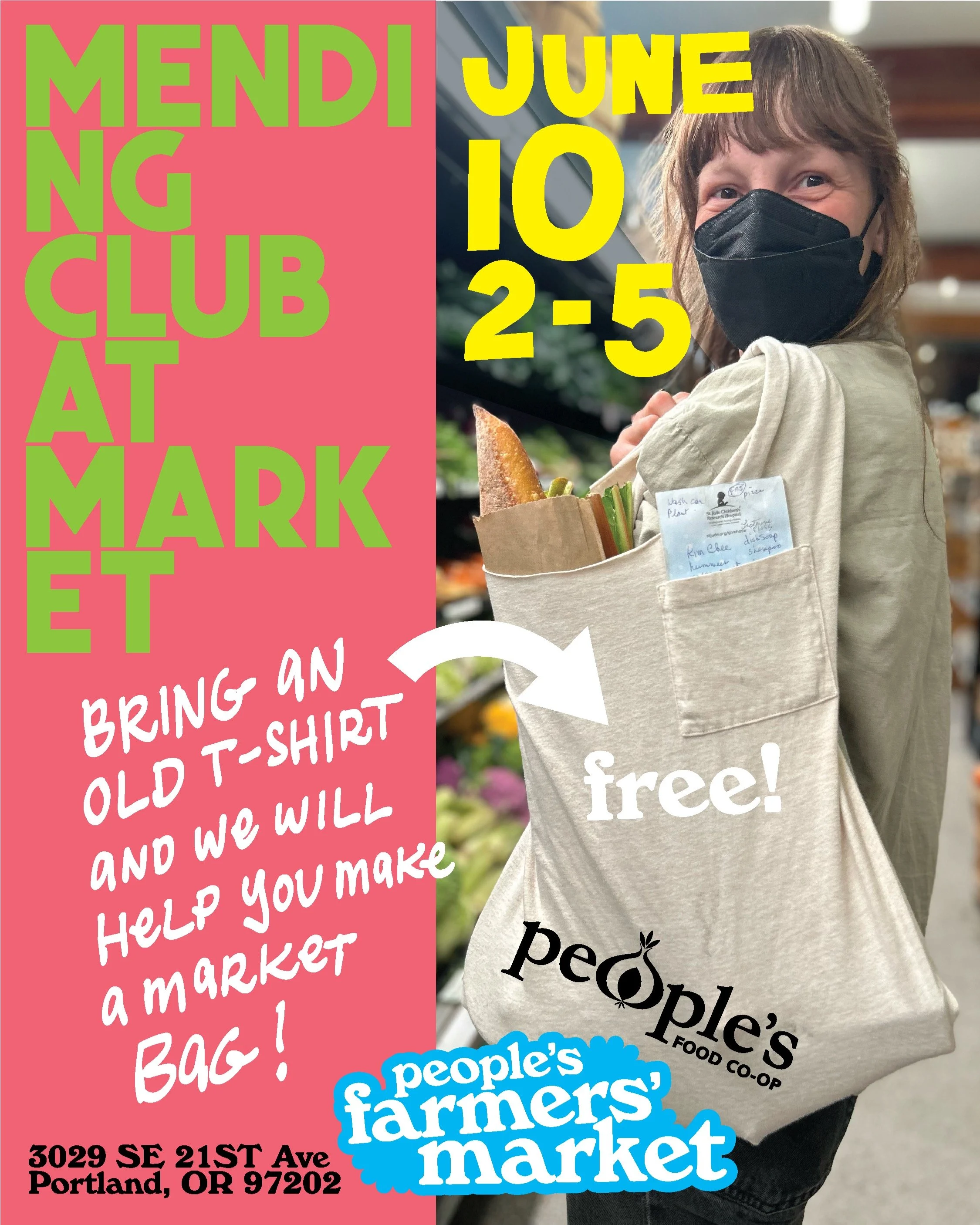 We have two fun and FREE activities at People&rsquo;s Farmers&rsquo; Market 🥬🥬🥬this coming Wednesday June 10th!
* Mending Club will be at market 2-5pm to help you make an old t-shirt into a reusable market bag!
* And Marlon has returned again to l