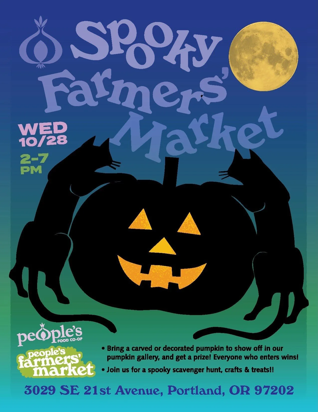 SPOOKY MARKET this Wednesday at @peoplesfarmers 

🐈&zwj;⬛Wednesday, 10/28, 2-7p Trick or treat at each vendor booth, join the scavenger hunt for prizes, and enjoy locally made treats. Costumes encouraged!

🎃Pumpkin Carving Gallery at Spooky Market!
