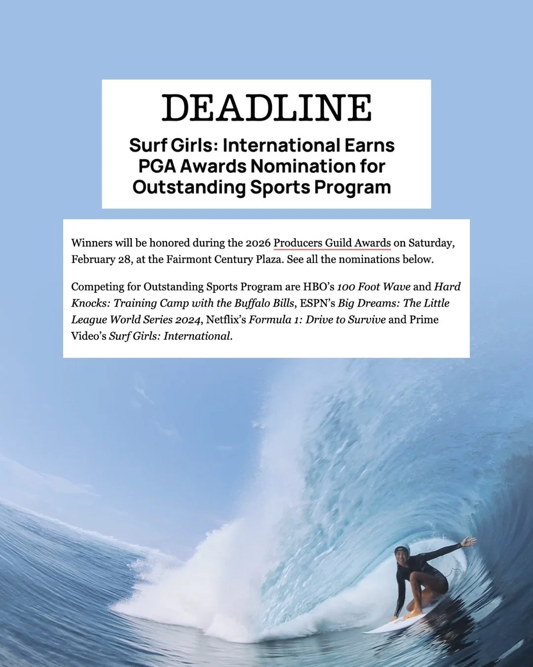 Last night I found out Surf Girls has been nominated by the @producersguild alongside four other incredible sports docs.

Tears in my eyes as I'm writing this because our TV show started as a YouTube series. Anything is possible! 

If you're a filmma