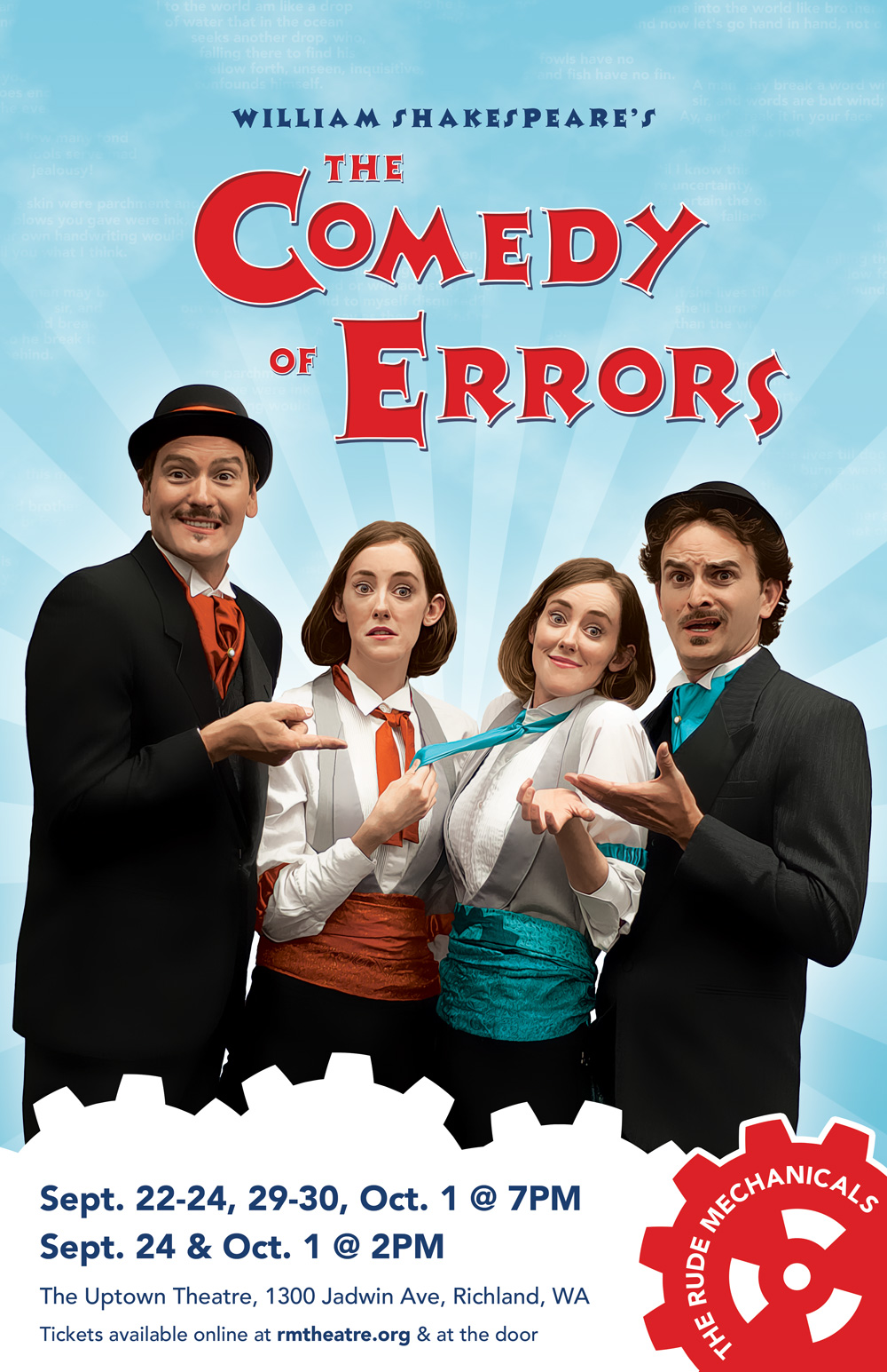 Patrick Killoran, Ashley Purvis, Hayley Purvis, and Cameron Milton star in The Rude Mechanicals' production of The Comedy of Errors .