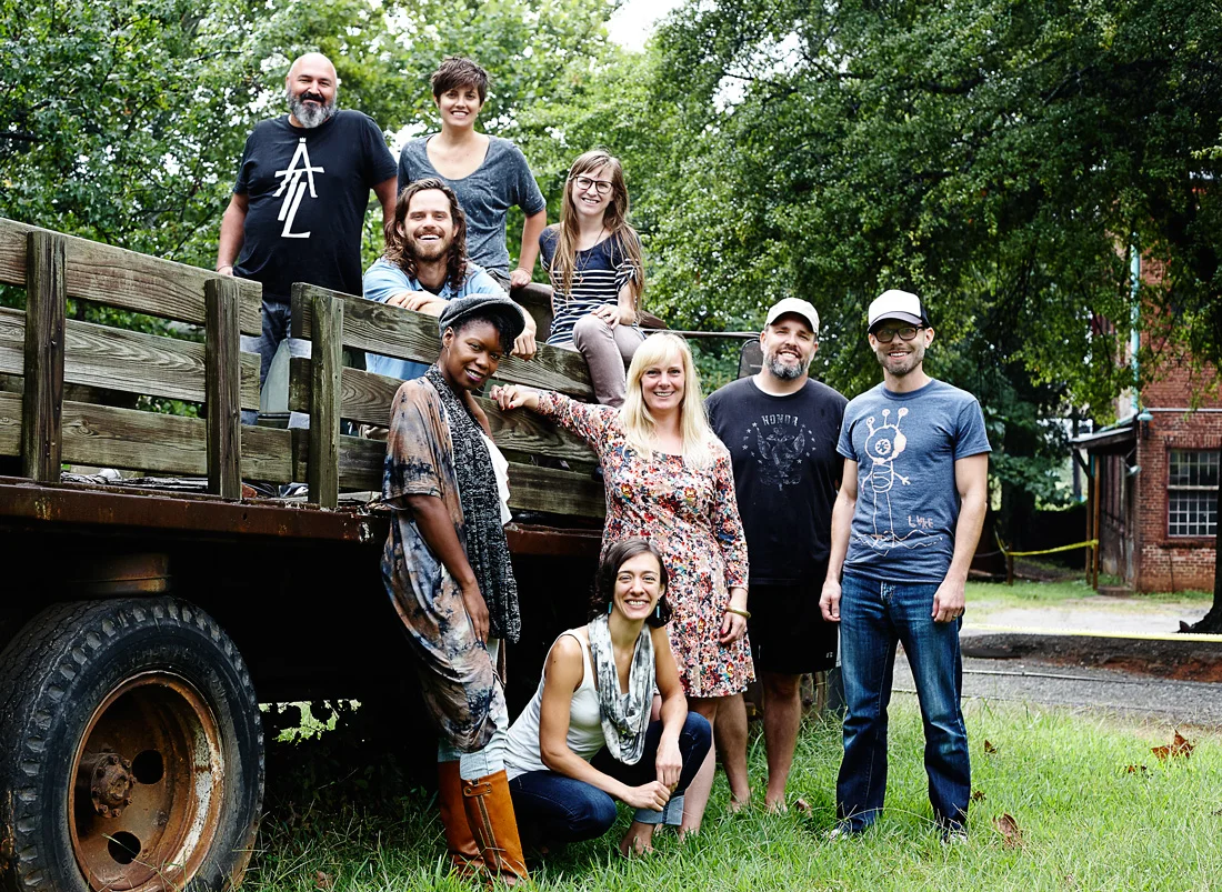 TCP's newest crop of resident artists Joseph Dreher, Meta Gary, Meredith Kooi, William Massey, Shanequa Gay, Margaret Hiden, John Tindel, Scott Silvey, and Rachel Garceau hanging out at the Goat Farm Arts Center. photo by: Neda Abghari