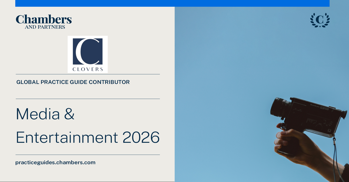 Badge Chambers and Partners "Media & Entertainment 2026 — Global Practice Guide Contributor" con logo Clovers.