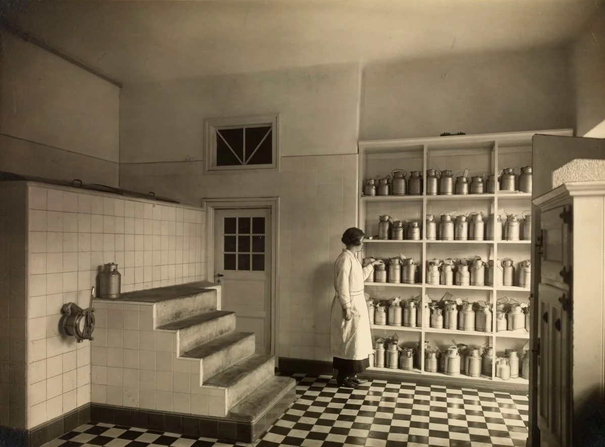 Melkelageret hos Ullevaal Samvirkelag på Damplassen i slutten av 1920-årene. Fotograf: Ingimundur Eyjolfson. Eier av bildet: Arbeiderbevegelsens arkiv og bibliotek.