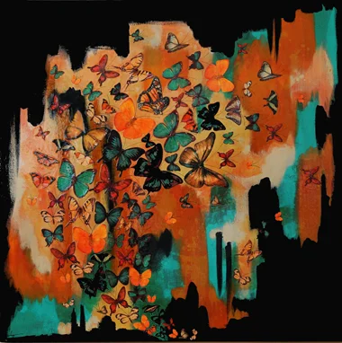 Butterflies on Black, Ochre, Aqua , 76x76cm £850
