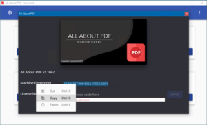 From the About screen, select the contents of the “Machine Fingerprint” field and right-click to Copy it.
