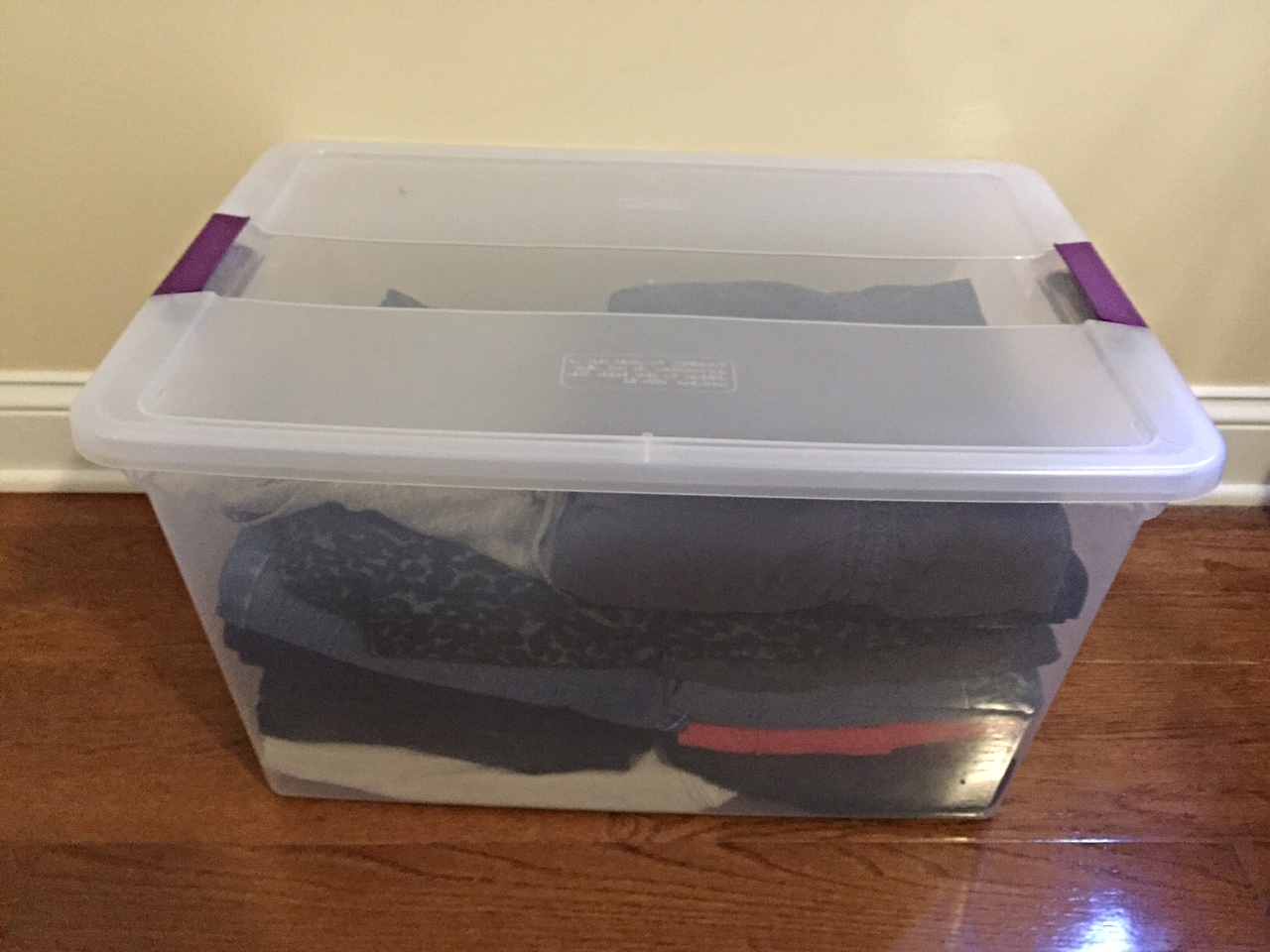 I recommend storing clothes in clear plastic bins so you can clearly see what items are inside.