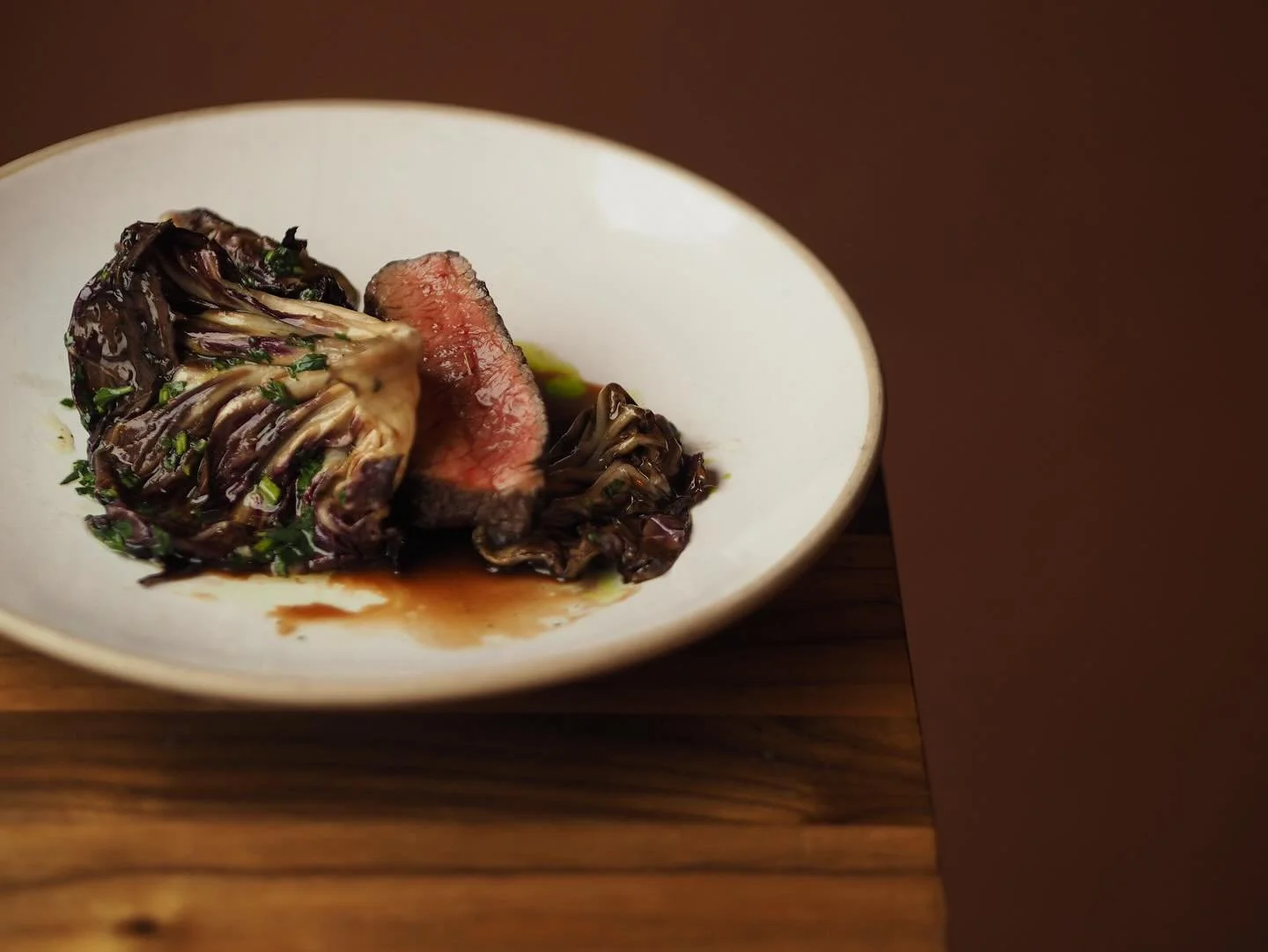 AUTUMN ON A PLATE 🍁

Hannah&rsquo;s menus is all you could wish for. 
Seasonal, intriguing, playful, delicious and fucking sharp!
 
Pictured here,
Denver beef with beets bordelaise, grilled radicchio &amp; sansho. 

Excited for the next 3 weeks 💃