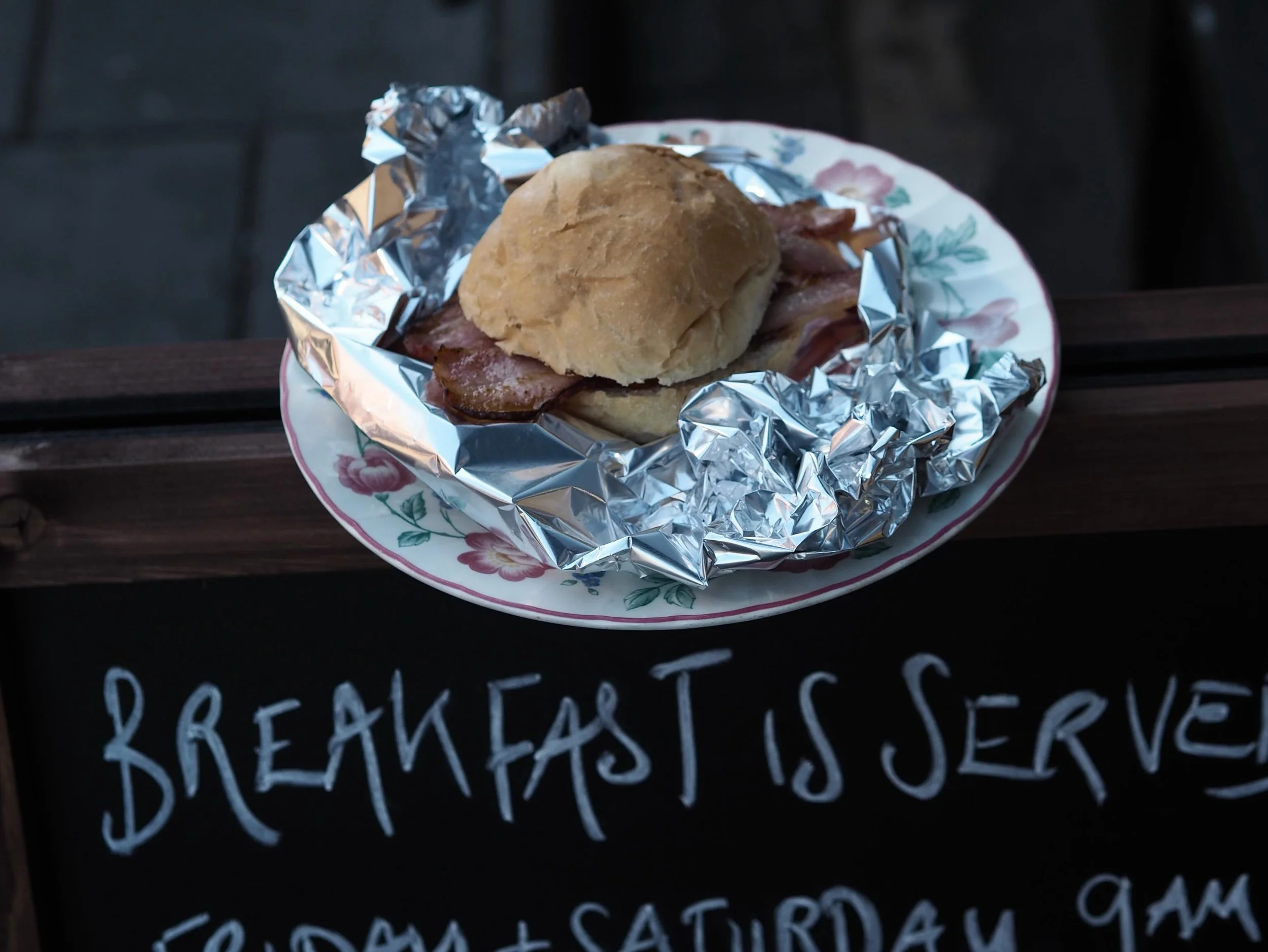 BIP BAP BOP !
New addition to our breakfast situation ! 
For all of the workers, buskers and hustlers,
Who are always hungry but need to hurry !
We are here for you and will make your dreams come true !!
Bisoooooous ! 

(Bacon bap, homemade sausage b
