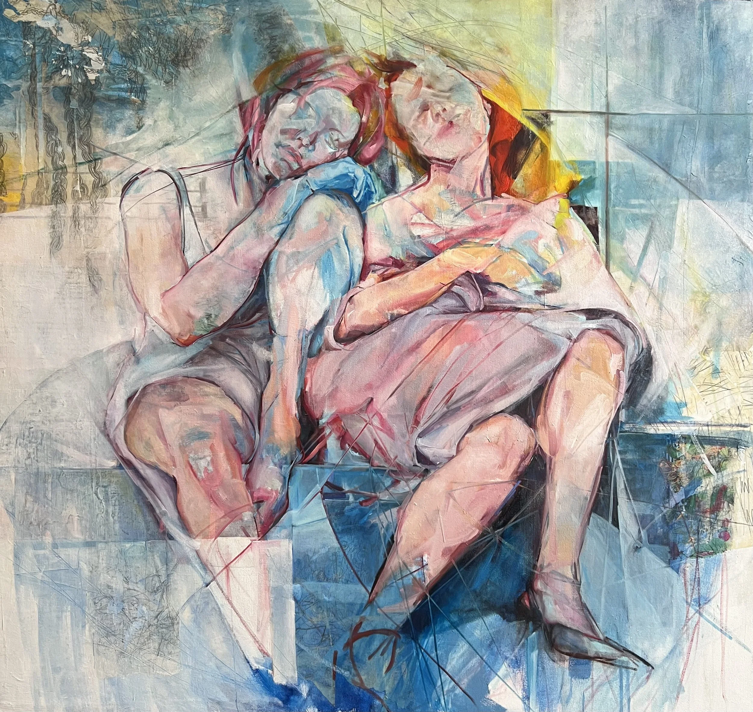 Sisters, 2025, oil/newsprint/canvas, 48" x 48" (SOLD)