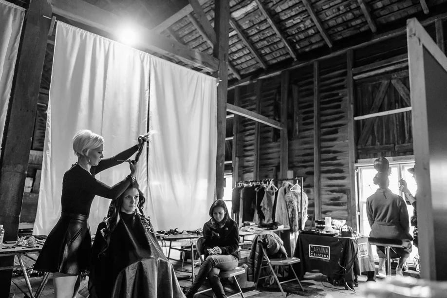 Temporary hair and makeup area at one of our recent photo shoots.