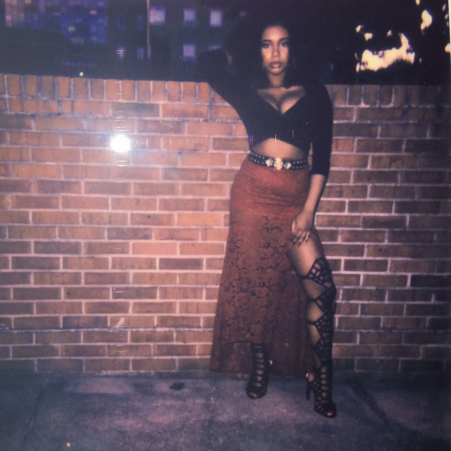 Shop My Look: Me wearing my Bebe wrap crop top and belt , Nasty Gal lace skirt , and Public Desire Kassidy gladiators .