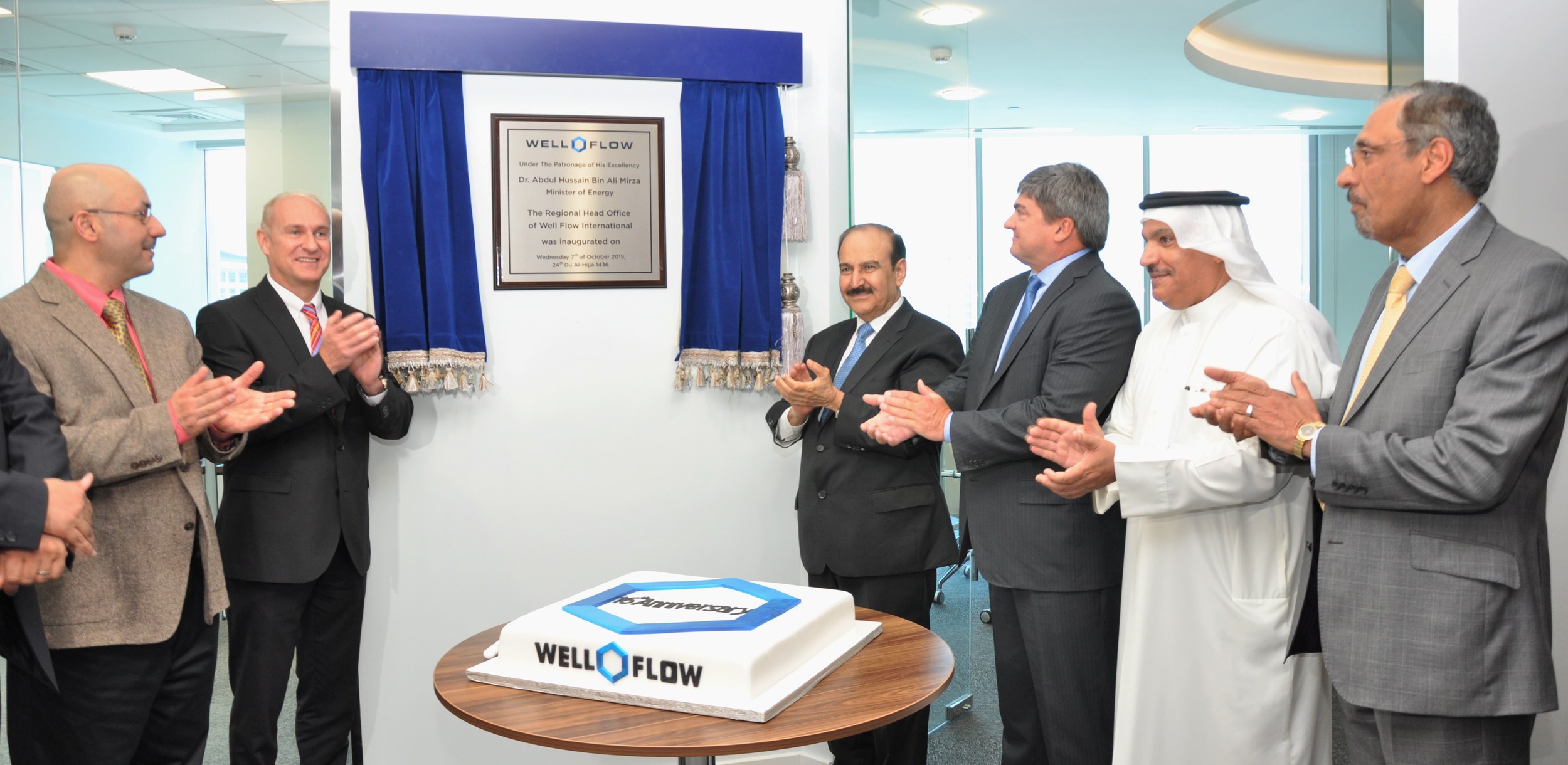 Left to Right Mr. Hisham zubari, Deputy CEO of Tatweer Petroleum; Mr. Andrew Kershaw, CEO of Tatweer Petroleum; His Excellency Dr. Abdul Hussain bin Ali Mirza, The Minister of Energy; Mr. Paul A. Bell, President and CEO of Group 42; Dr. Ahmad Al-Sherian, General Secretary of the National Oil & Gas Authority (NOGA); Mr. Hassan Radhi, Exploration & Production Manager At BAPCO