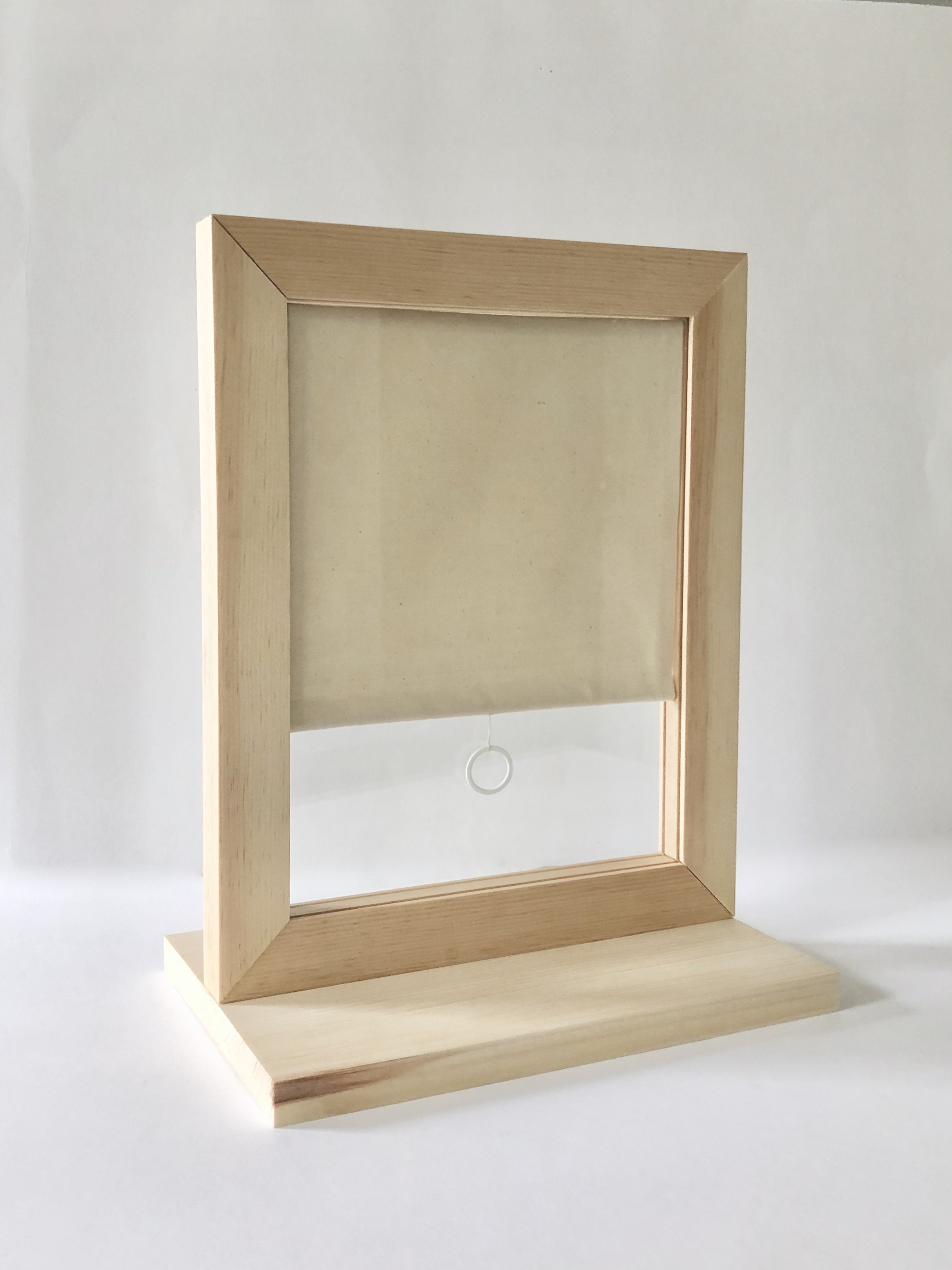   Untitled (window with shade)  pinewood, canvas, thread, wood dowel, ring 12 x 8 x 5 inches 