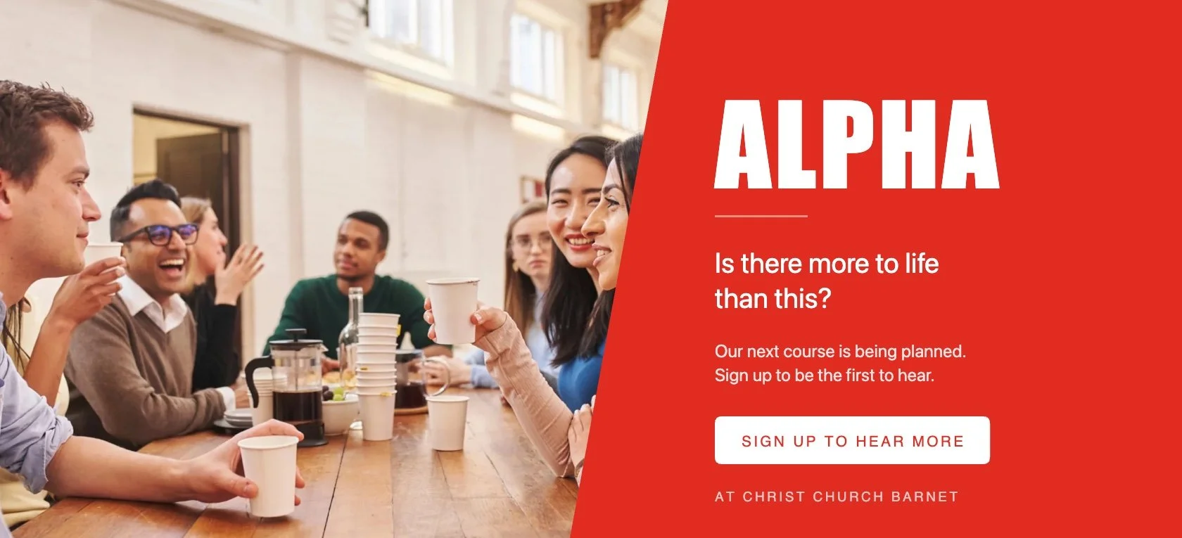 Alpha starts in September 2026 — a six-week course exploring the Christian faith.
