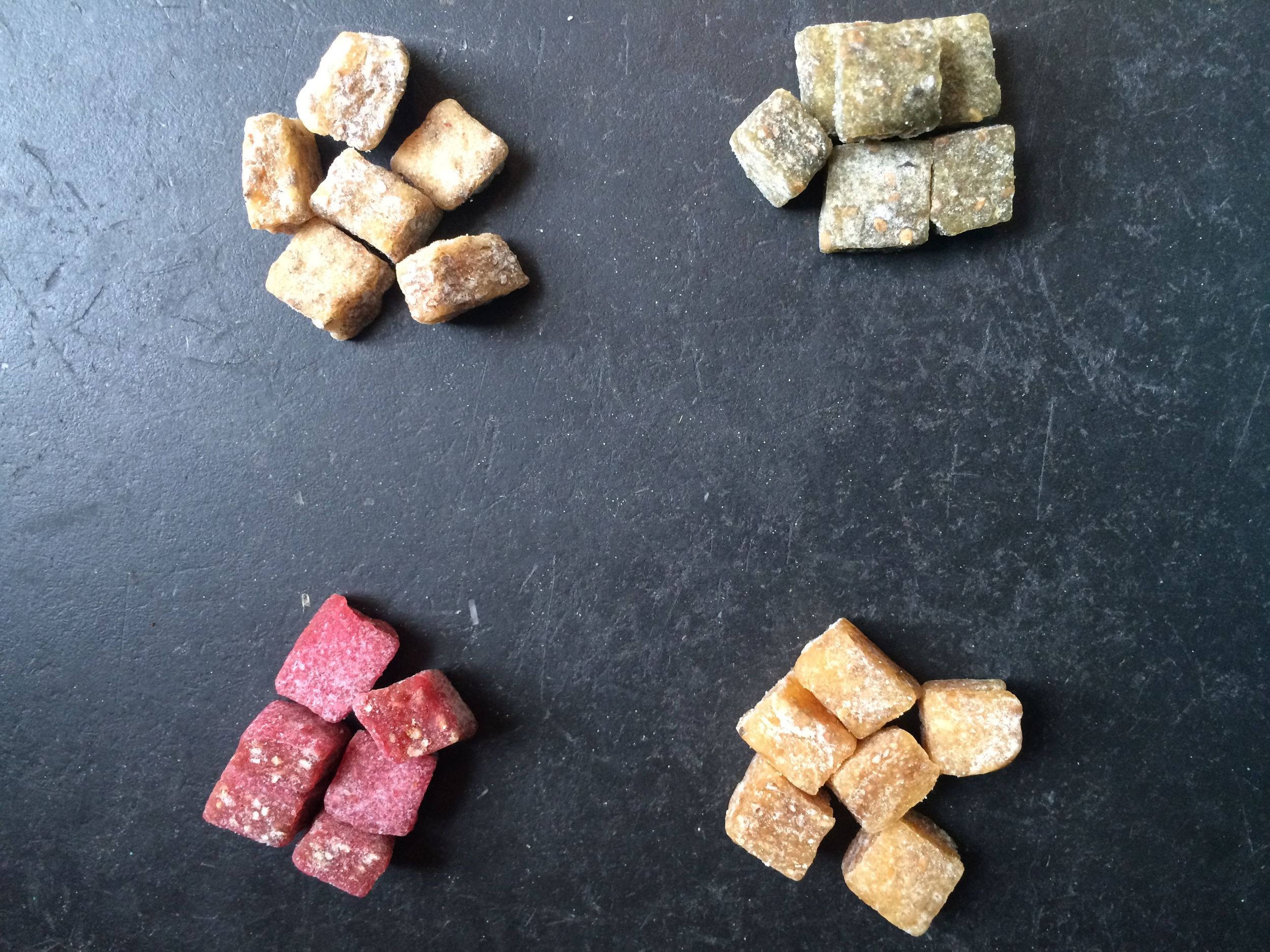 Bonga Foods Chia Superfood Chews, clockwise, from top left: Sweety Potato, Groovy Green, Yummy Yellow and Ruby Red.