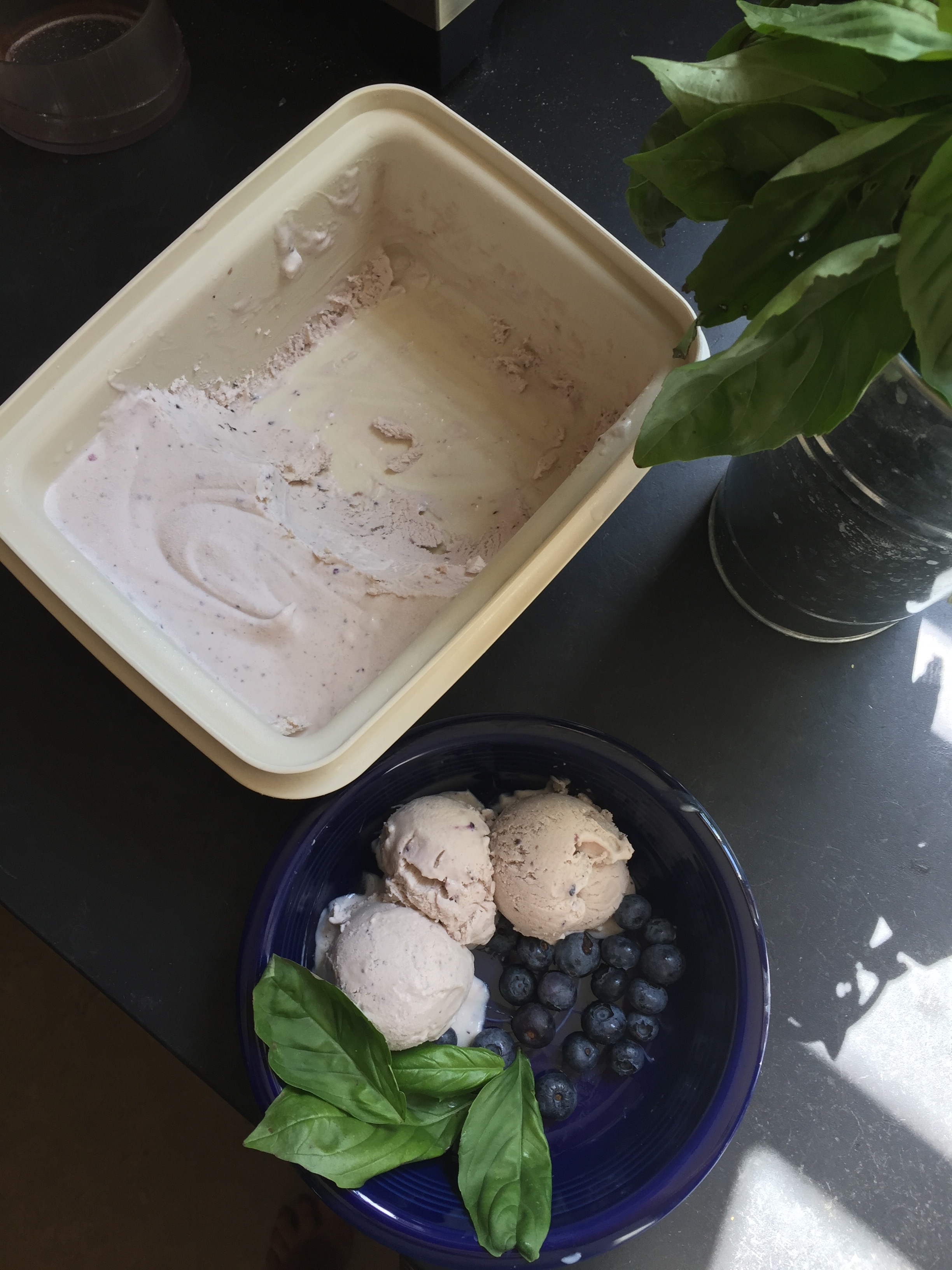My mom's old-school Tupperware ice cream container, holding the triple berry basil ice cream.
