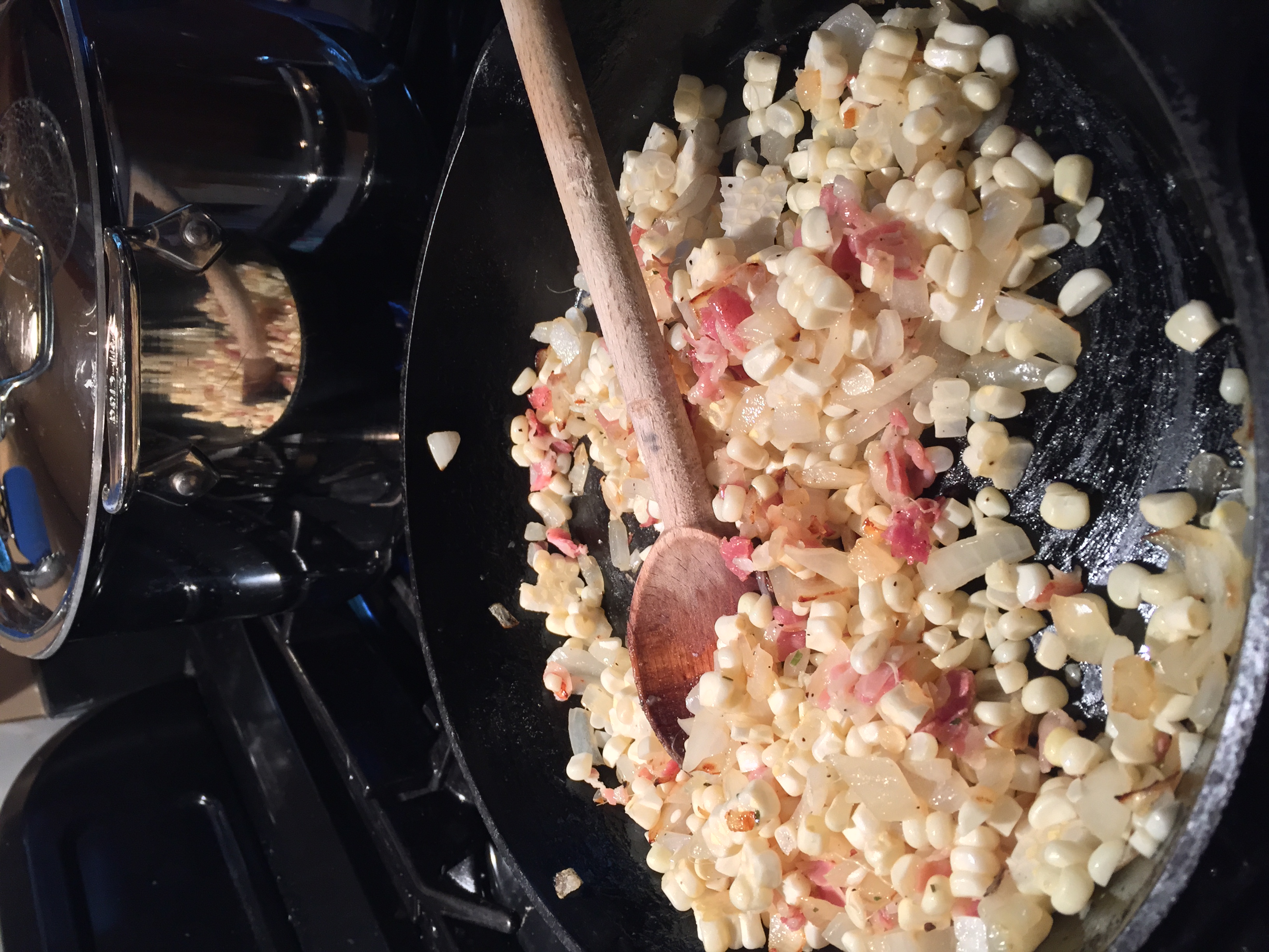 I see you! Corn, pancetta and onions coming together.