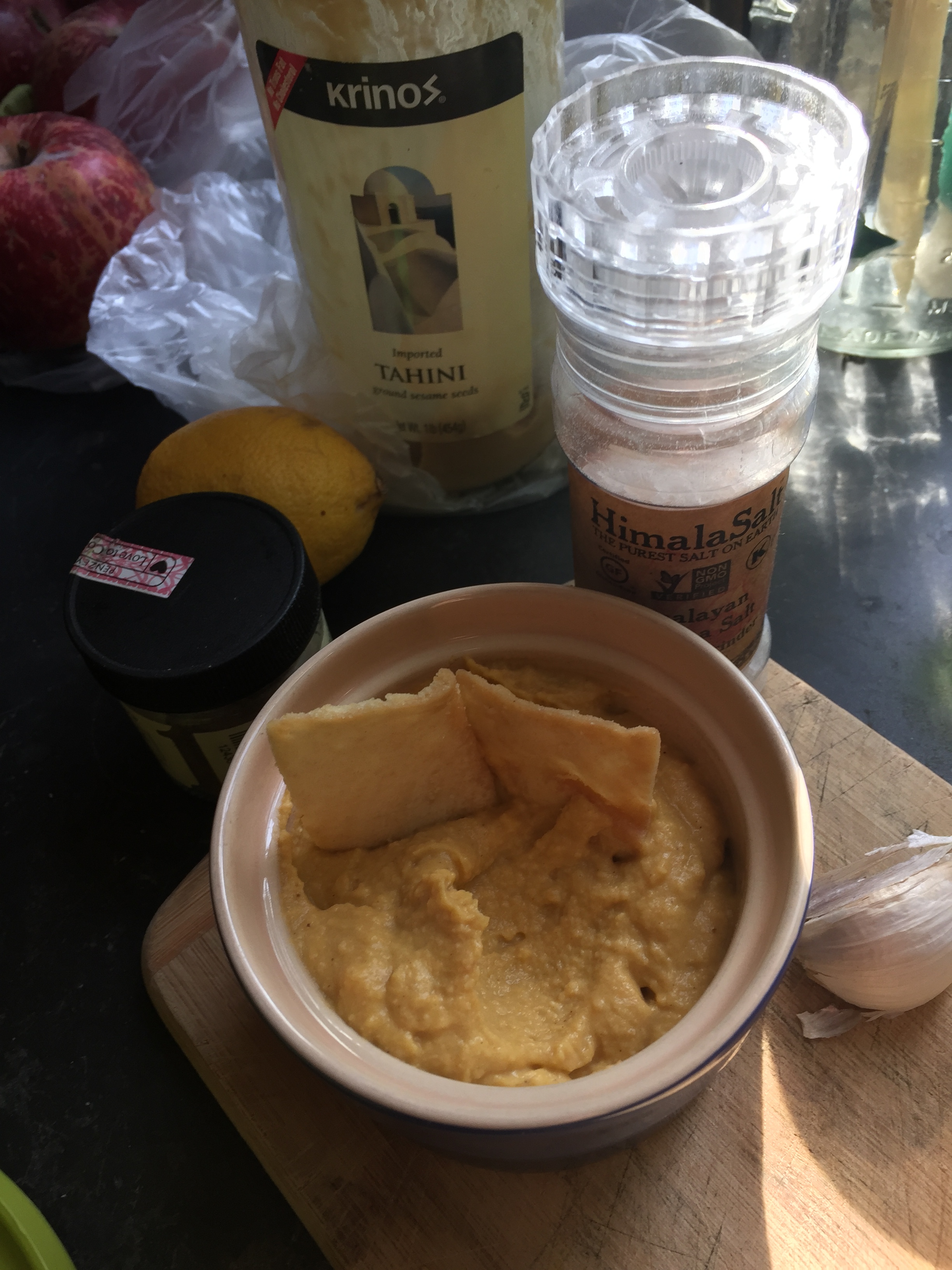 Spiced Pumpkin Hummus, plus other random kitchen photo bombers. 
