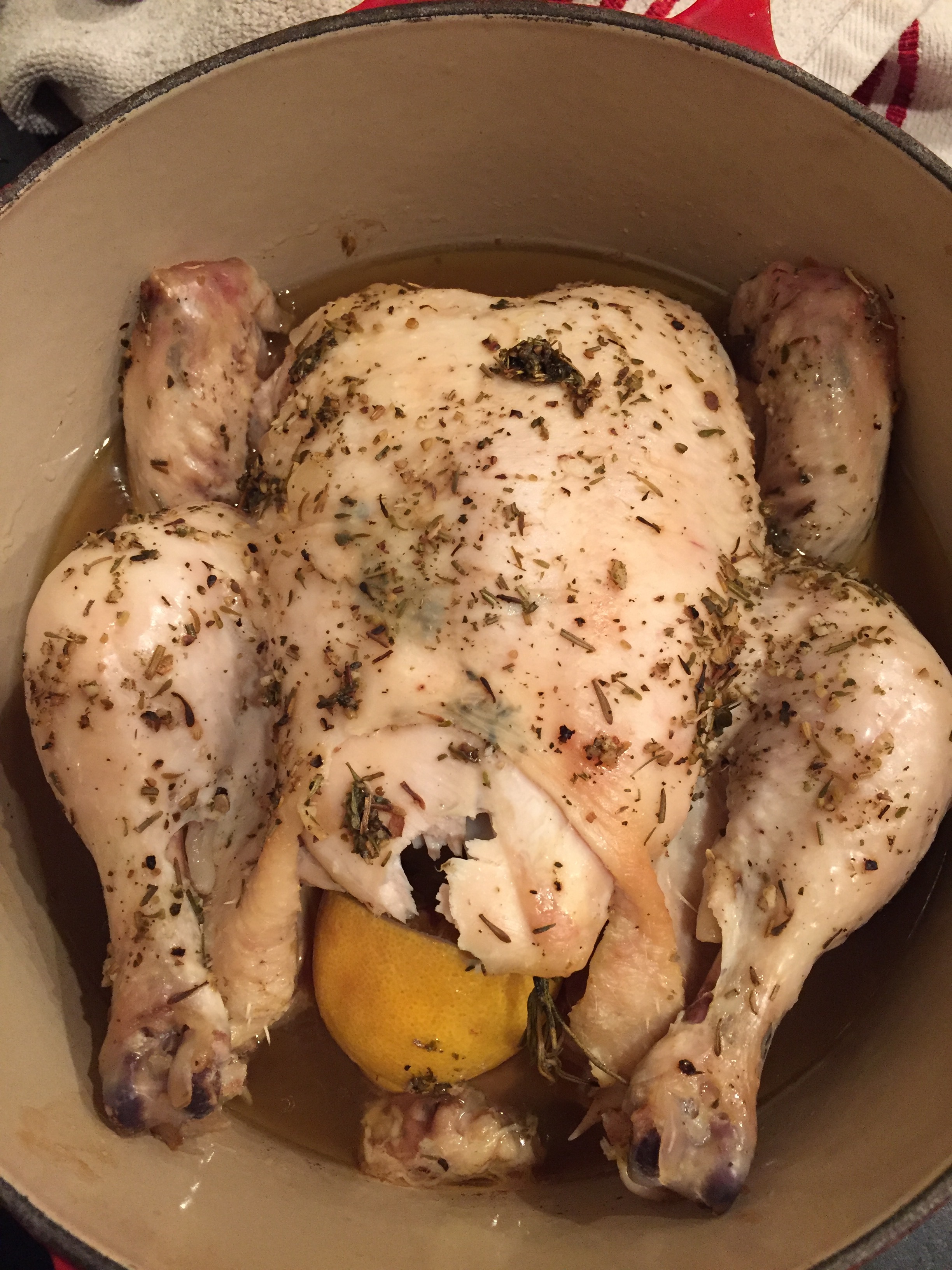 Weeknight slow roasted herbed chicken, before I put it back into the oven to crisp up a bit.