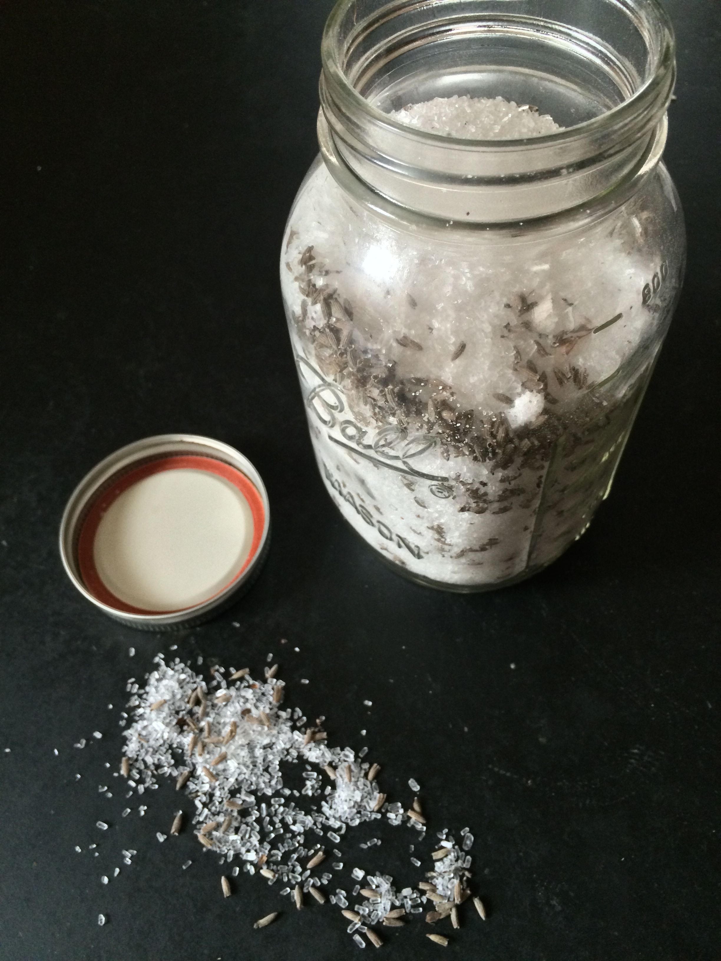 Lavender and epsom salt, perfect together. I added a couple of drops of my Young Living Lavender Oil, too.
