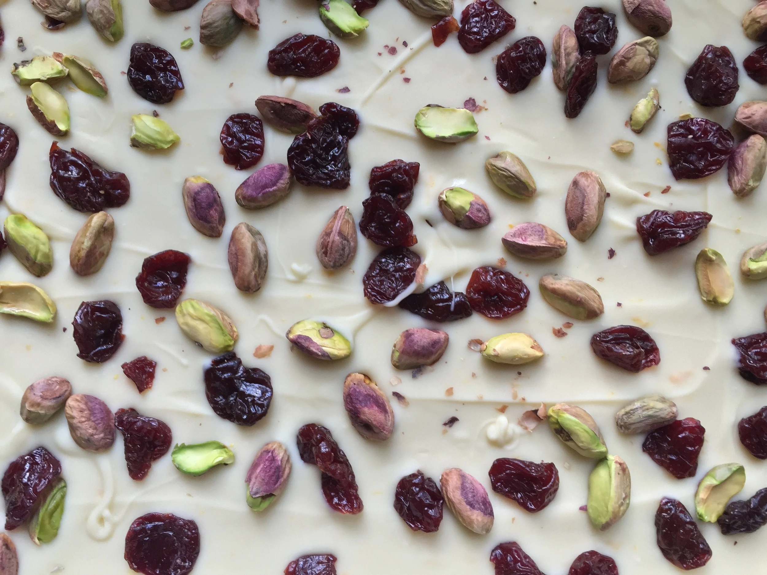 Pistachio, cherry and white chocolate bark. The colors of Christmas. Right there. Edible. 