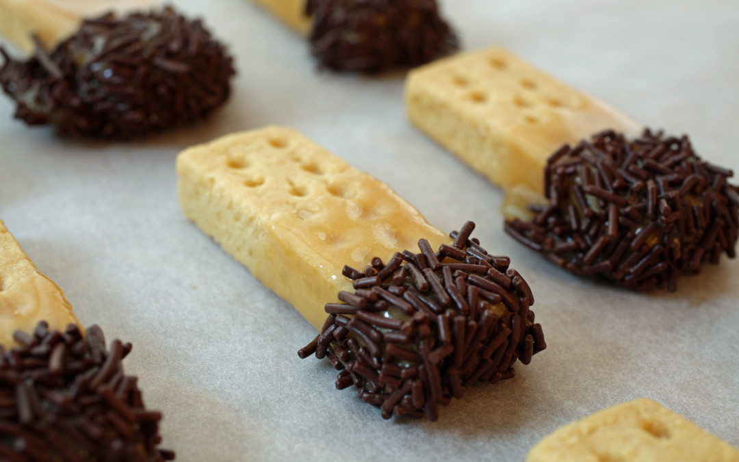 Caramel Dipped Shortbread Cookies with Chocolate Sprinkles. Photo and recipe courtesy of Matthew Robinson/the Culinary Exchange.