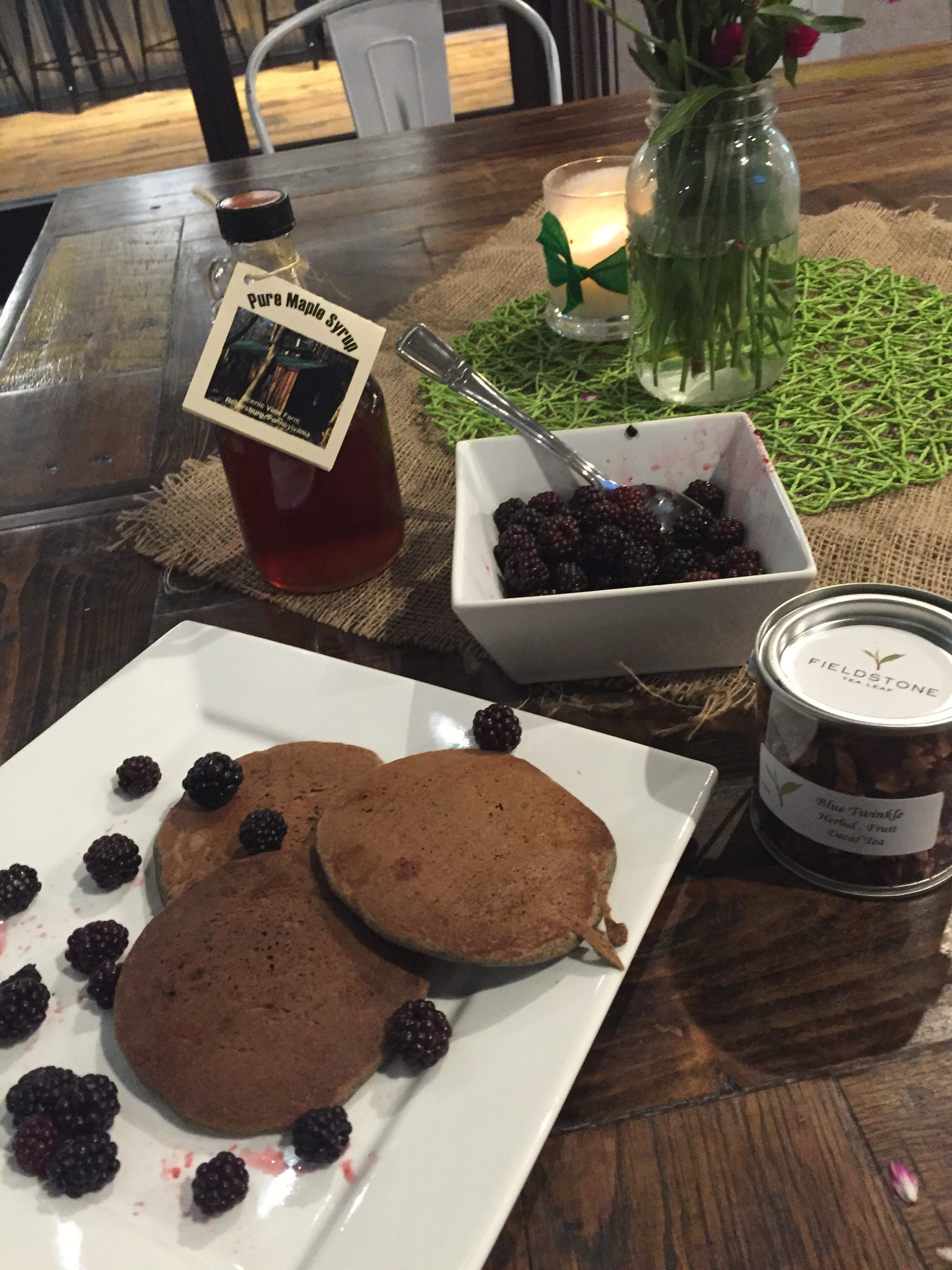 Buckwheat flaxseed pancakes with blackberries. Om to Yum, baby!
