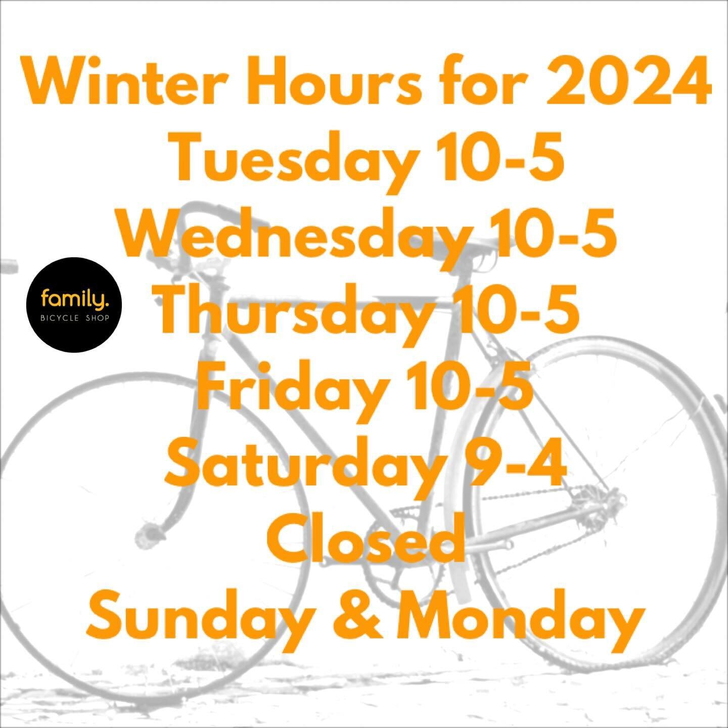 Winter hours! We&rsquo;re still here for you just not on Sunday and Mondays. We&rsquo;ll be back on Sundays and Mondays in the spring. Till then stop by Tuesday - Saturday. #winter #shophours #familybike #familybicycleshop #