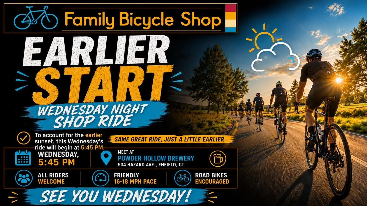 The new kickoff time is 5:45 PM for the Wednesday night Shop Ride!. As the days get shorter, we will adjust our start time to keep everyone safe. Front and rear lights are strongly encouraged!