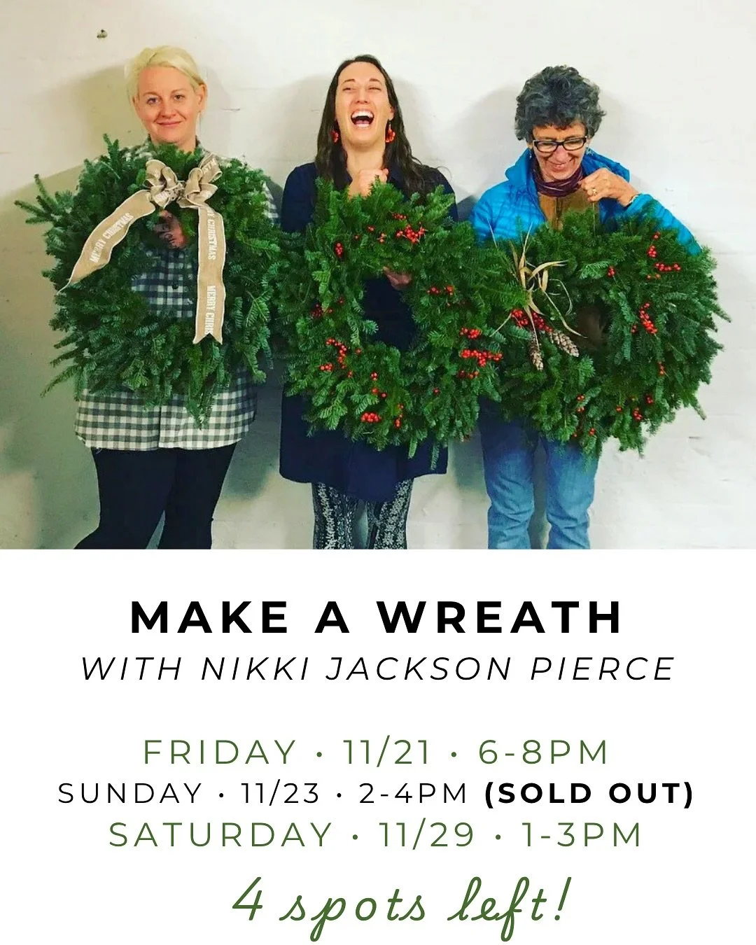 Only 4 spots left in each of our remaining wreath classes. Sign up soon! 🌲🌲🌲🌲🌲🌲🌲