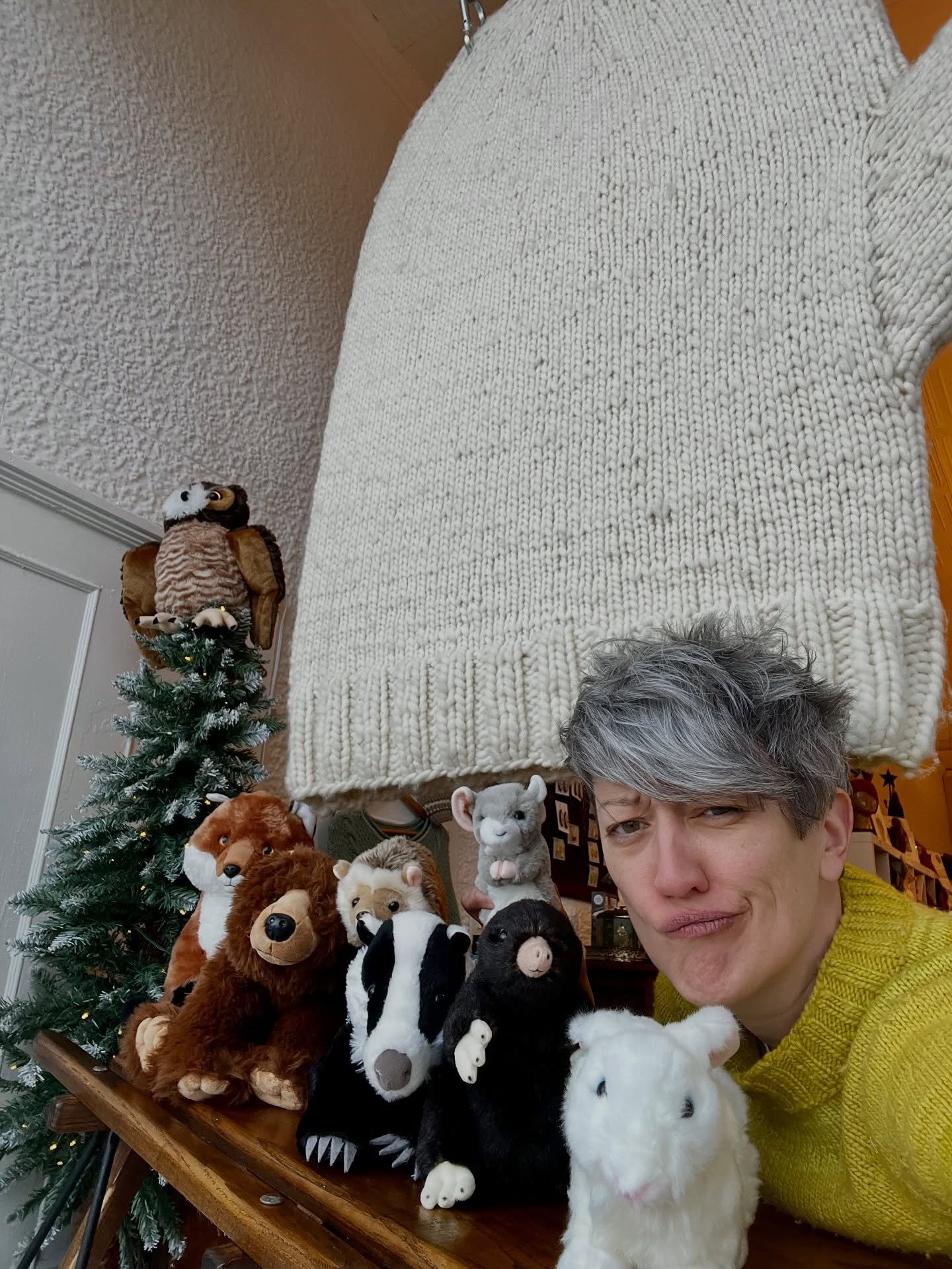 One of these things is not like the other! 
❄️ 🦉 🐻 🦊 🦡🐇 🐭 🤓❄️ 

The BIG mitten is back! (The BIG goofball Kim is always here.) Just got a big shipment of BULKY yarn, if you want to make your own chunky mittens!