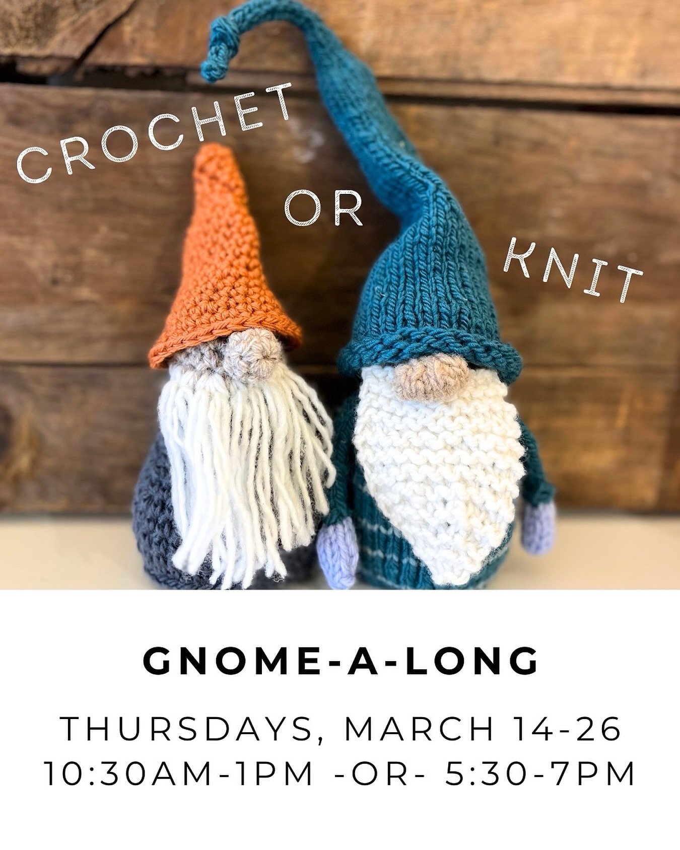Knitters and crocheters rejoice! A gnome class for you both ❤️ Bring your needles or hook, we&rsquo;ll provide the rest! Yarn, stuffing, and pattern included.