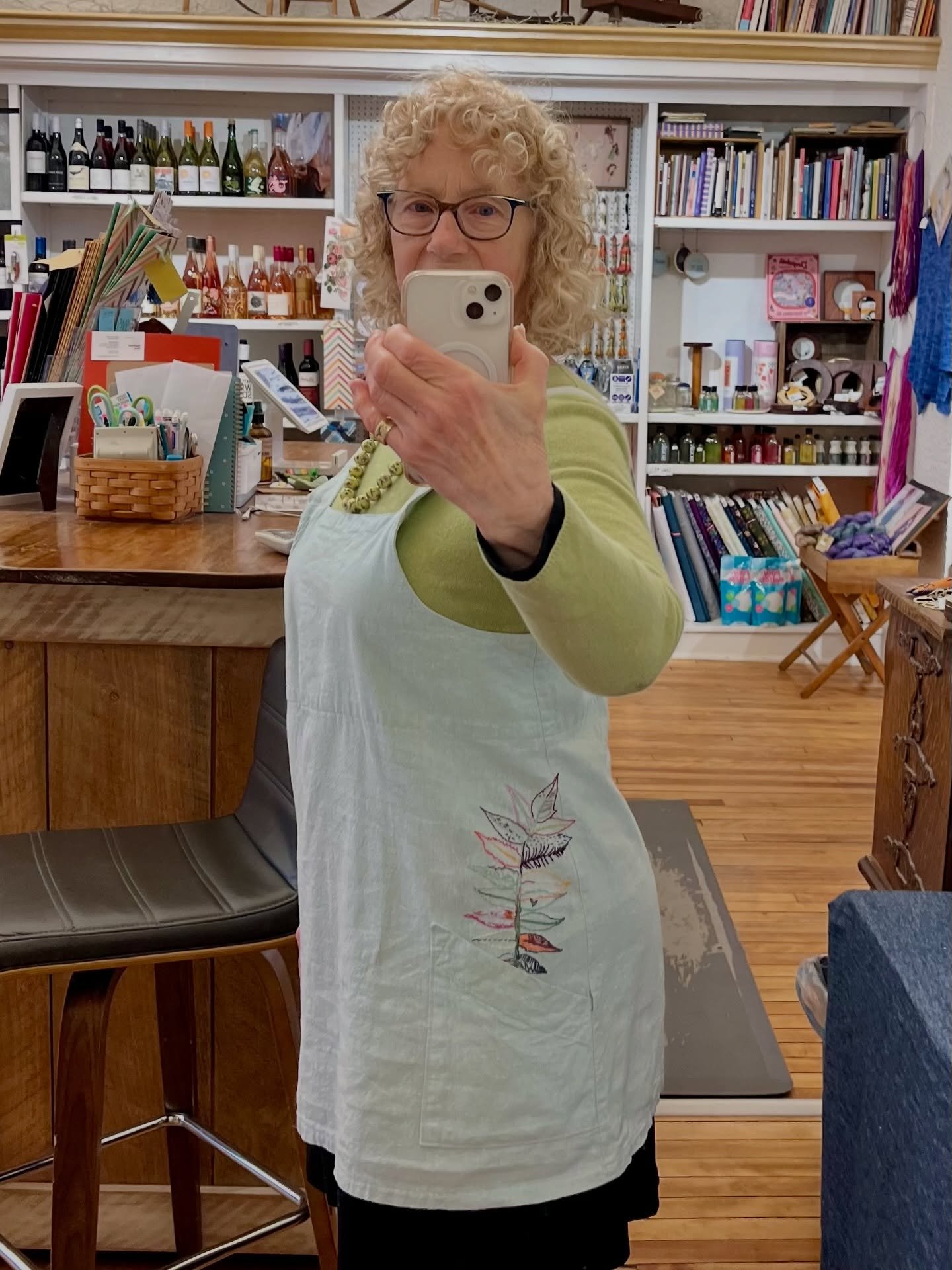 Sharon looks fantastic in her custom embroidered apron! You too can get a custom embellishment on your own item of clothing during our flash sale! Happening now through June 15! Details in profile.