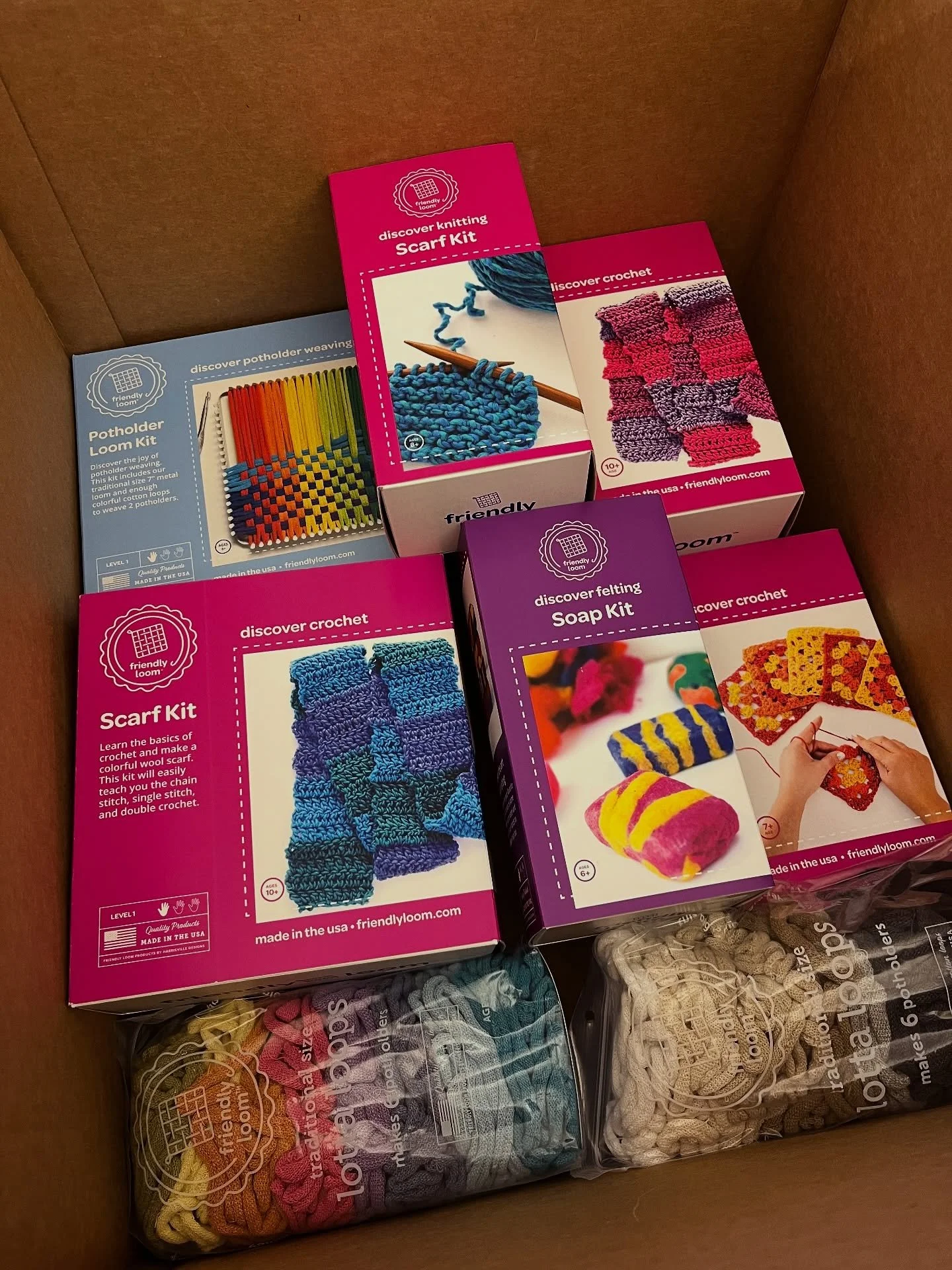 Look at this box full of joy from @friendlyloom !! 🌈🌈🌈

Couldn&rsquo;t be more excited to have these high quality, affordable, made in the USA craft kits for kids! Learn to crochet, knit, weave and felt. Perfect for a rainy day&hellip; or summer v