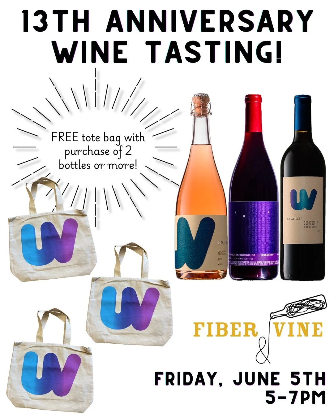 Next Friday we celebrate 13 YEARS of business!
🎉 🪩🎉🪩🎉🪩🎉🪩🎉🪩🎉
We have a fun giveaway for our First Friday Wine Tasting thanks to @ultravioletwines!! Free tote when you buy two or more bottles&hellip; and maybe some other surprises! 
🍾🍾🍾🍾