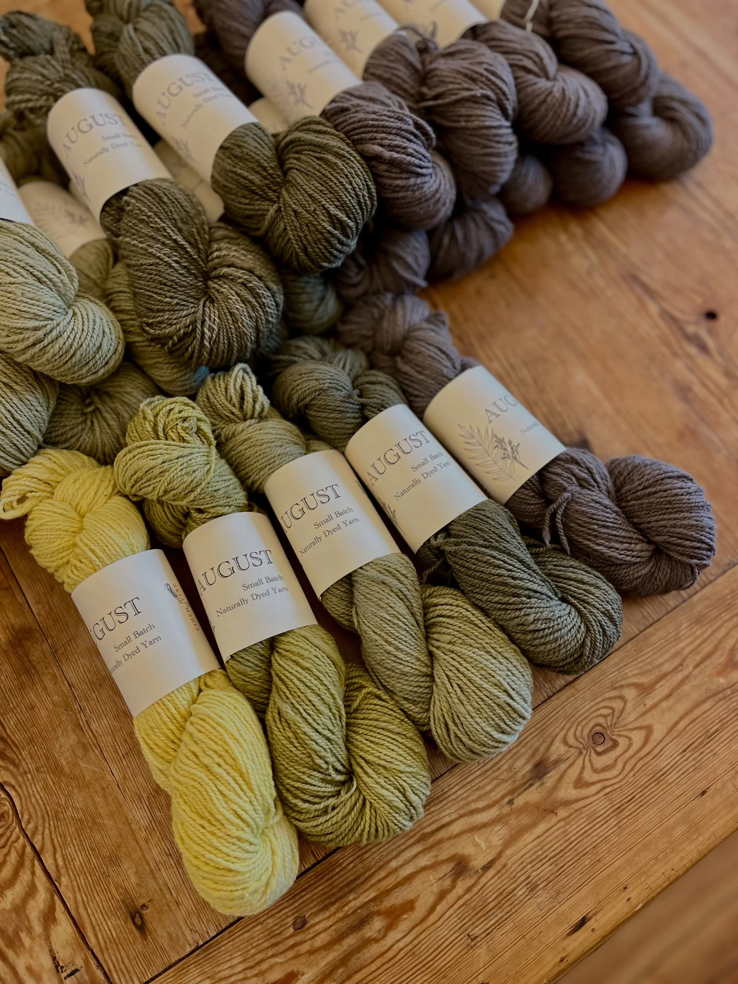Small batch of naturally dyed yarn now available! Dyed right here in the shop using goldenrod and sumac. Dk weight wool/cotton. Get them while you can!!
