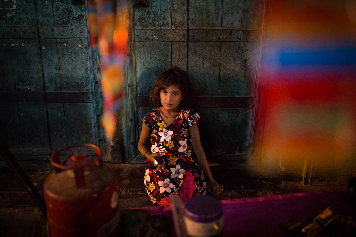 Portrait of a child with a flower dress in a Matura Market. Matura- India&nbsp;