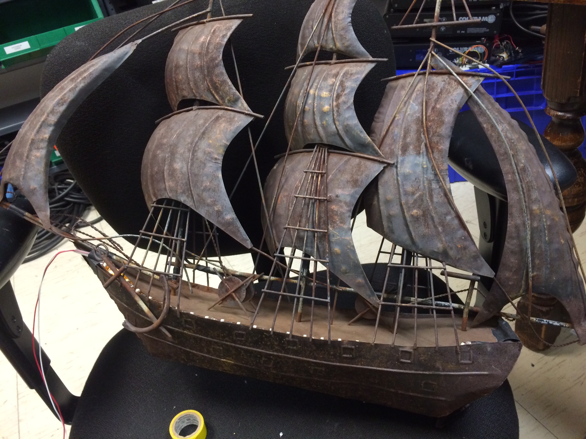 This ship, discovered by our Props Designer (Grant Sabin), needed to be lit for the first moment of the play. Prospera carried the boat onto the stage, lit only by the light of the ship, as the storm brewed in the background. 