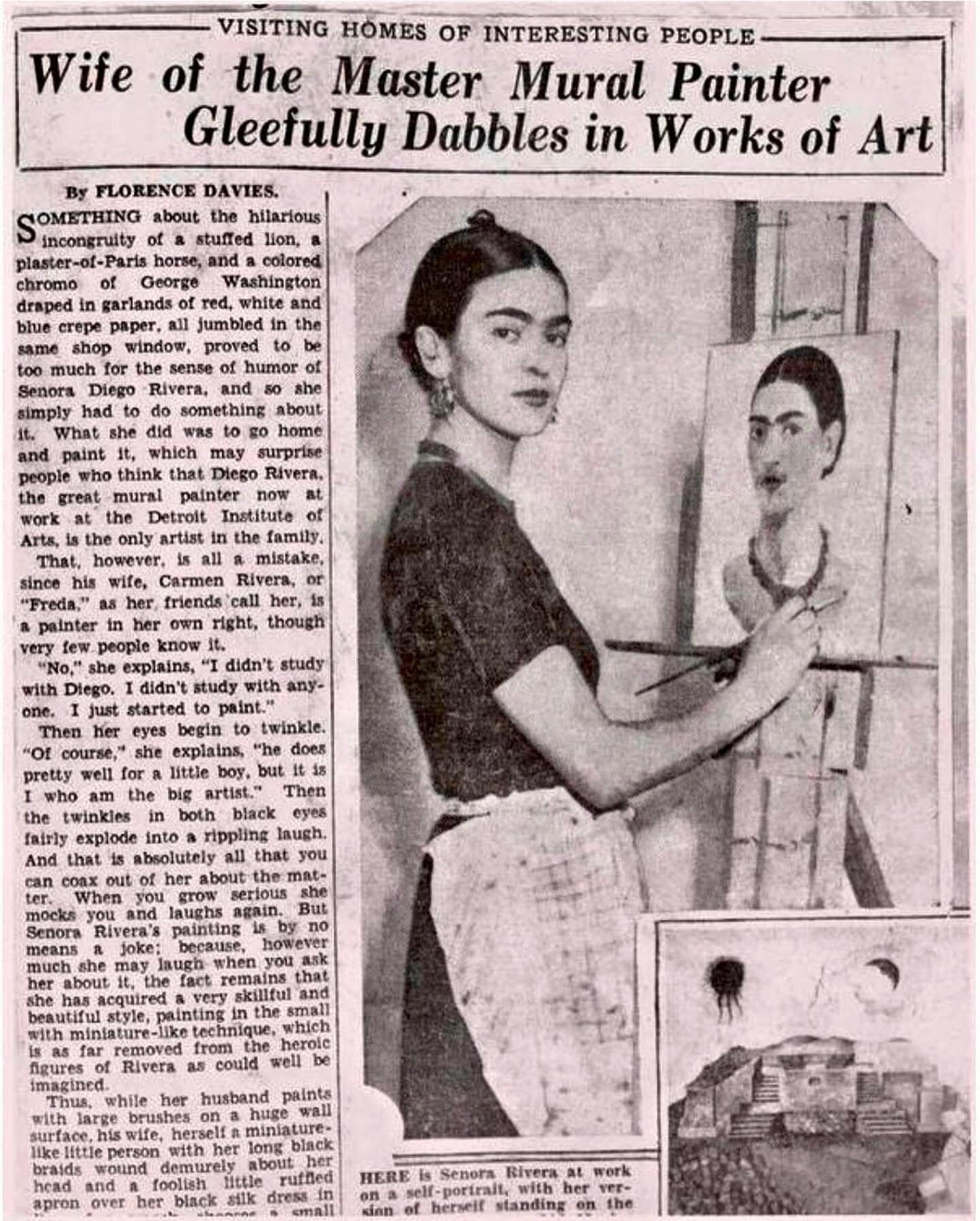 It seems appropriate, on International Women&rsquo;s Day, to share this 1933 Detroit News article about a 25-year-old Frida Kahlo, who hadn't yet made her mark as a painter but would go on to eclipse her husband&rsquo;s (Diego Rivera) fame as an arti