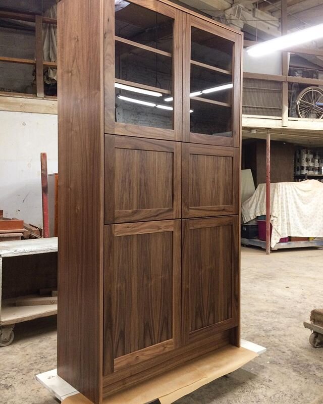 Here&rsquo;s a nice shot of a custom black walnut cabinet for residential kitchen storage and display just after final assembly.  #brushfactory #brush factory crafted #cincymade #customcabinetry #custominteriors #cincinnaticabinet #cabinetmaker #cust