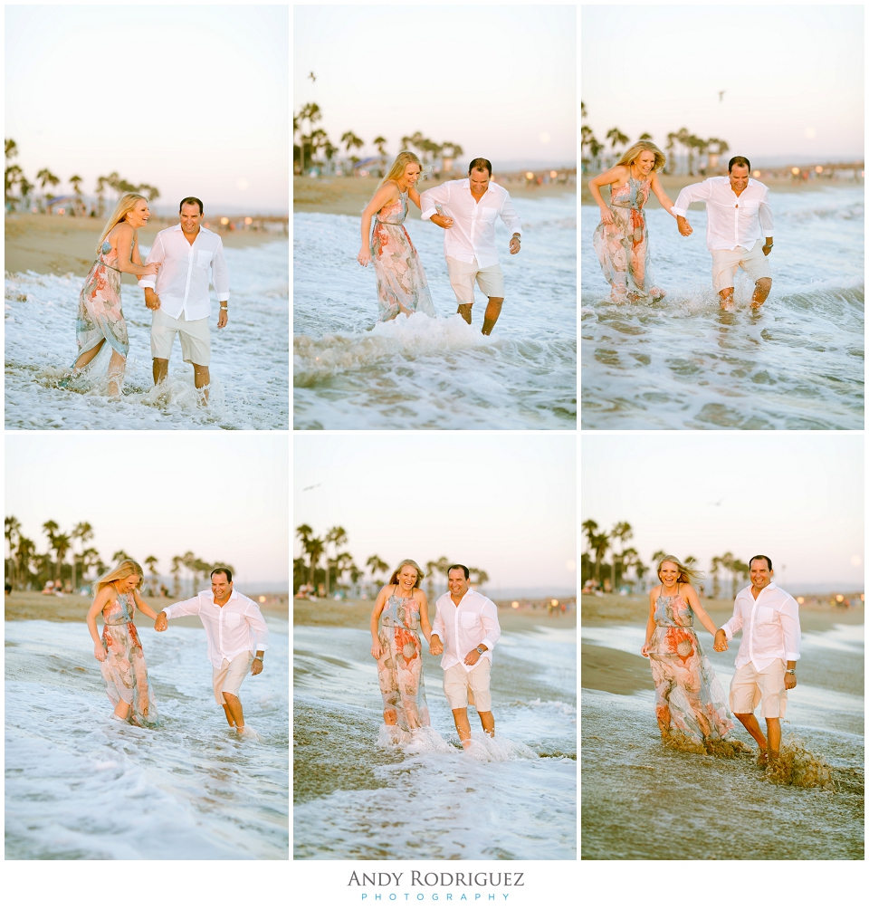 Couple running in the water in Newport Beach
