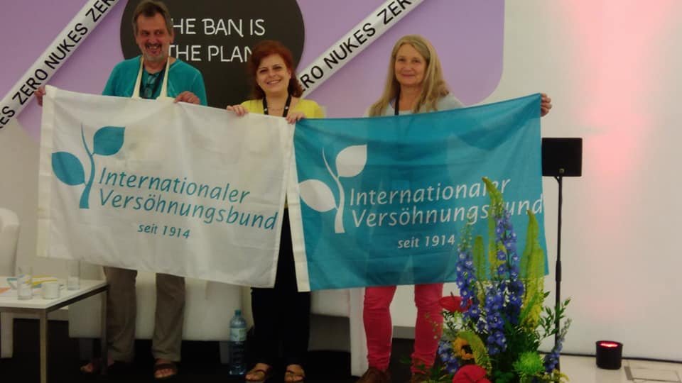 IFOR delegation. From the left: Pete, IFOR's UN rep at UN Vienna - Zaira, IFOR's UN program coordinator and rep at UN Geneva - Marion, member of German branch — at Vienna - Austria.