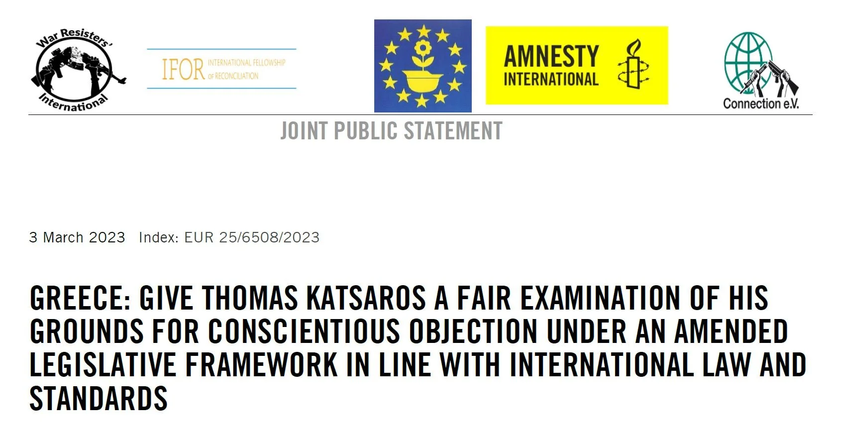 JOINT PUBLIC STATEMENT about Greek conscientious objector THOMAS KATSAROS
