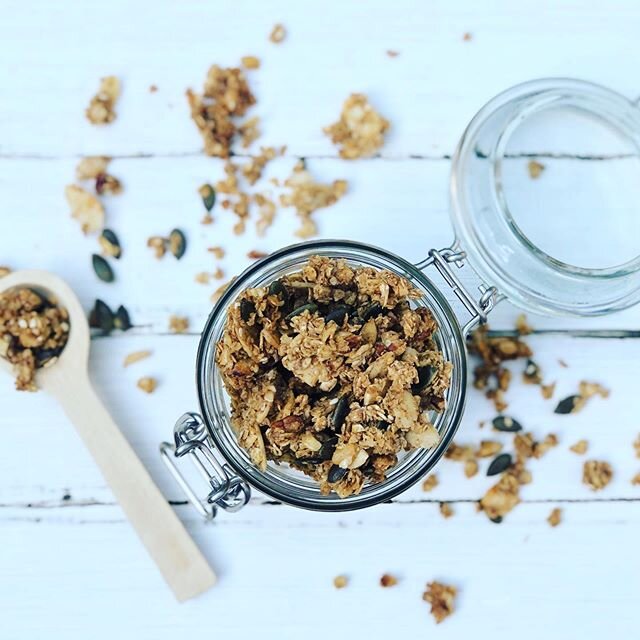 Joshua made his own granola today with all his favourite things. Recipe as follows:

150g rolled oats
50g chopped nuts
2 tbsp sesame seeds
2 tbsp pumpkin seeds 
2 tsp cinnamon 
Pinch of salt
60g clear honey
1 tbsp sunflower oil

Mix everything togeth