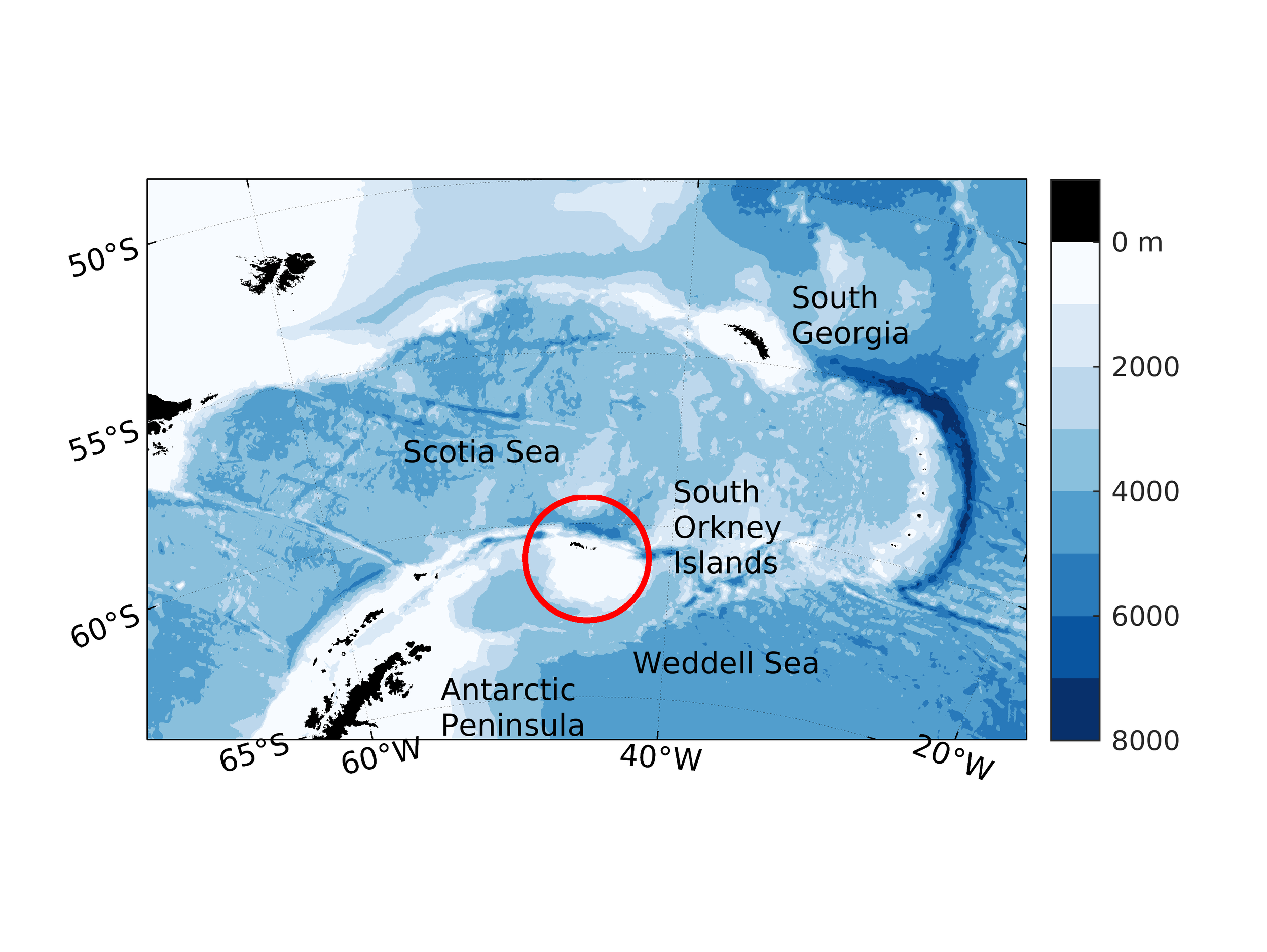 Map of the South Orkney Islands region.The colour scale shows the depth of the ocean from the GEBCO 2014 global dataset. Image: Sally Thorpe, British Antarctic Survey