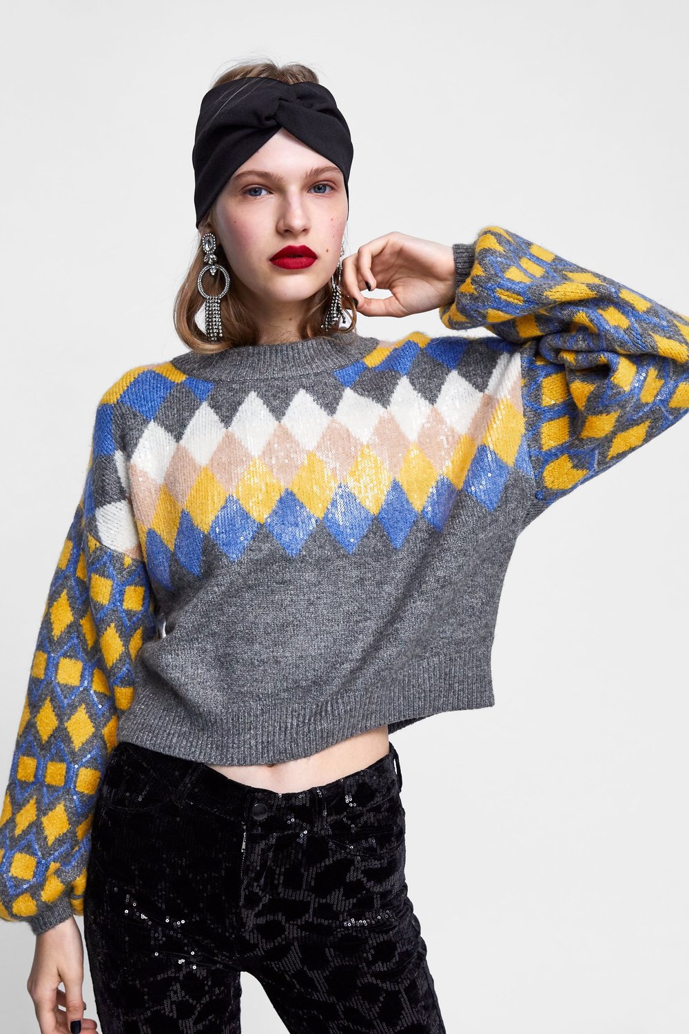 Zara Sequin Argyle Sweater